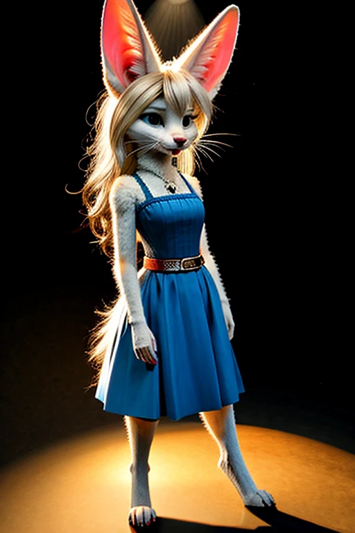 (white fur:1.2), short slim skinny adult female digitigrade fennec, medium breasts,  BREAK whiskers, black lips, black nose, BREAK bright and vivid big blue green eyes, BREAK long wavy platinum blonde hair, waist length hair, messy hair, [:pink hair:15], BREAK light blue dress with spaghetti straps, (cleavage:1.1), BREAK standing on stage in the spotlight, raised tail, BREAK (by trigaroo:1.2), (by toots, by syn-6), by discreet user, [by dryadex, by syuro::12], [by v-tal:by himeragoldtail:18], (by toots, by syn-6), (whisperfoot:0.6), (by kenket:0.8), translucency