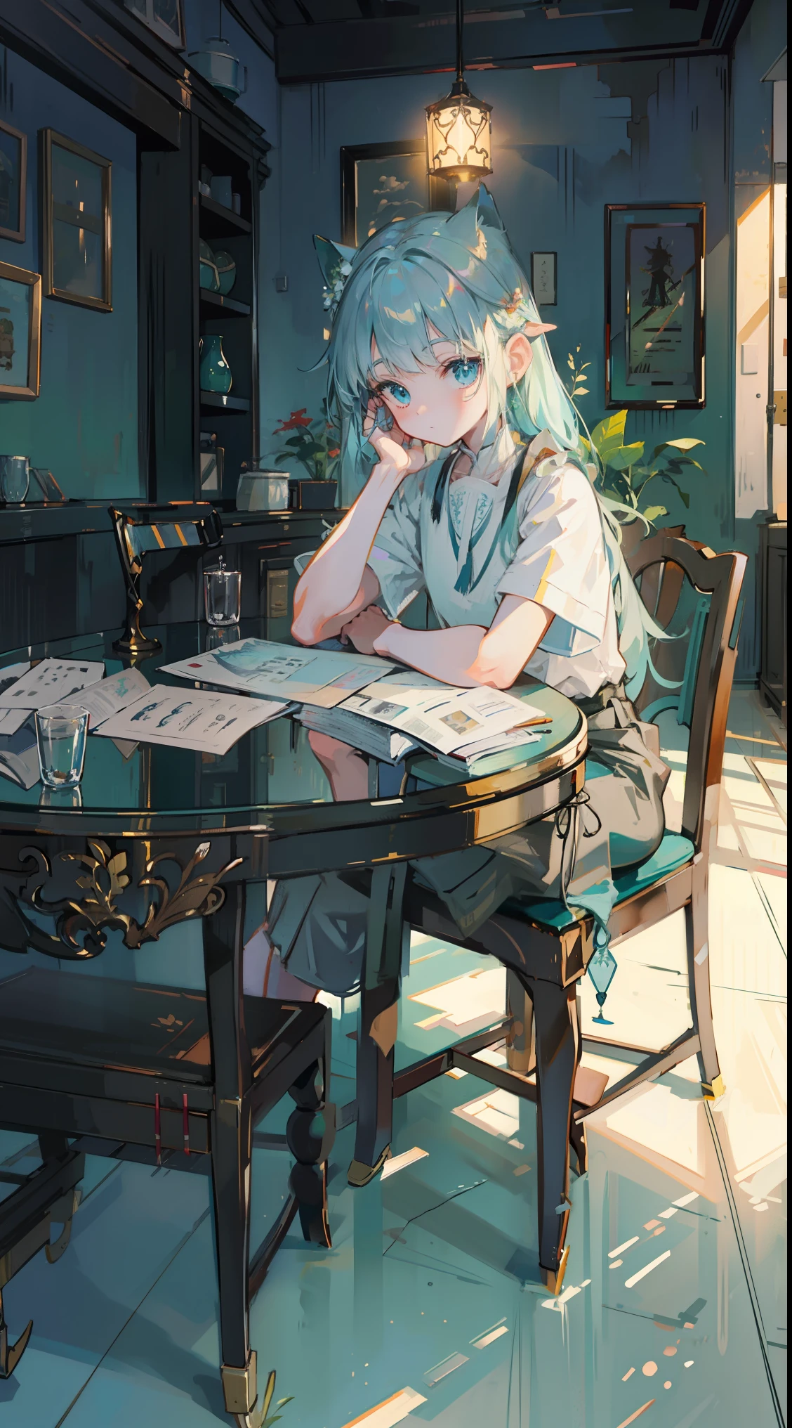 (Tabletop, highest quality: 1.1), Ghibli style, alone, , Weibo, Tinker&#39;s Wife (Tabletop), highest quality, Expressive eyes, Perfect Face, Small breasts, thin, ((Wearing a dress and playing the piano)),transparentガラスボトル本体, Glass Girl, transparent, Wavy green hair, Pink and blue eyes, Green leaves of hair, Eyes like shining jewels, Long eyelashes, transparent性, ((Wearing a dress and playing the piano)), (Red Jewel Autumn Costume)), whole body, Standing Pose Reaching Out, thin脚, Perfect hands, Five Fingers, Yun News (Hmph), no_human, (((Cat ear))), Forest land