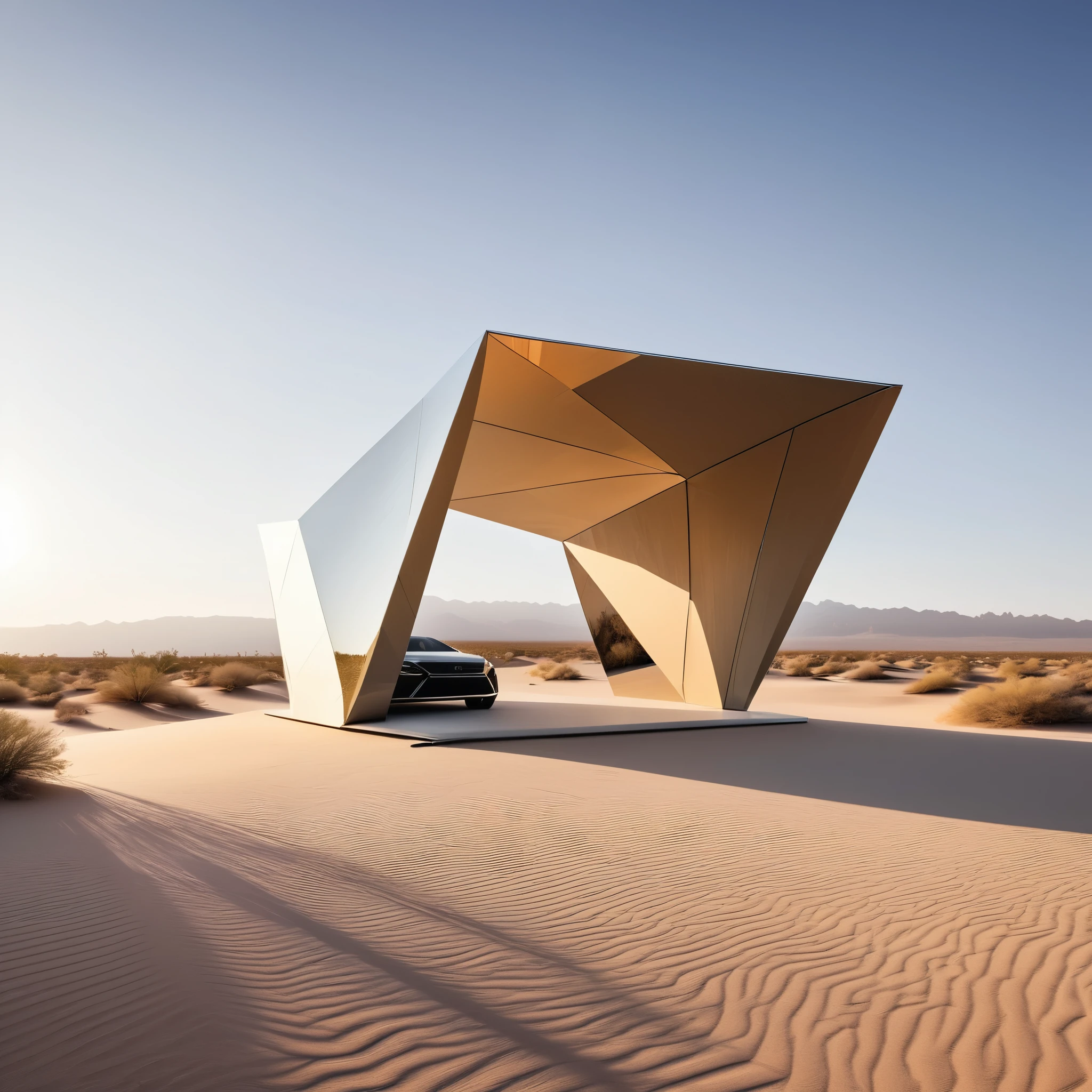 a pavilion for only one car in the desert, the pavilion should be Folded Sharp geometrical Mirror shape, the Environment should be an open snowy area with a Sun and a very high detailed minimalist criteria, the pavilion should be high detailed and it is fully a mirror