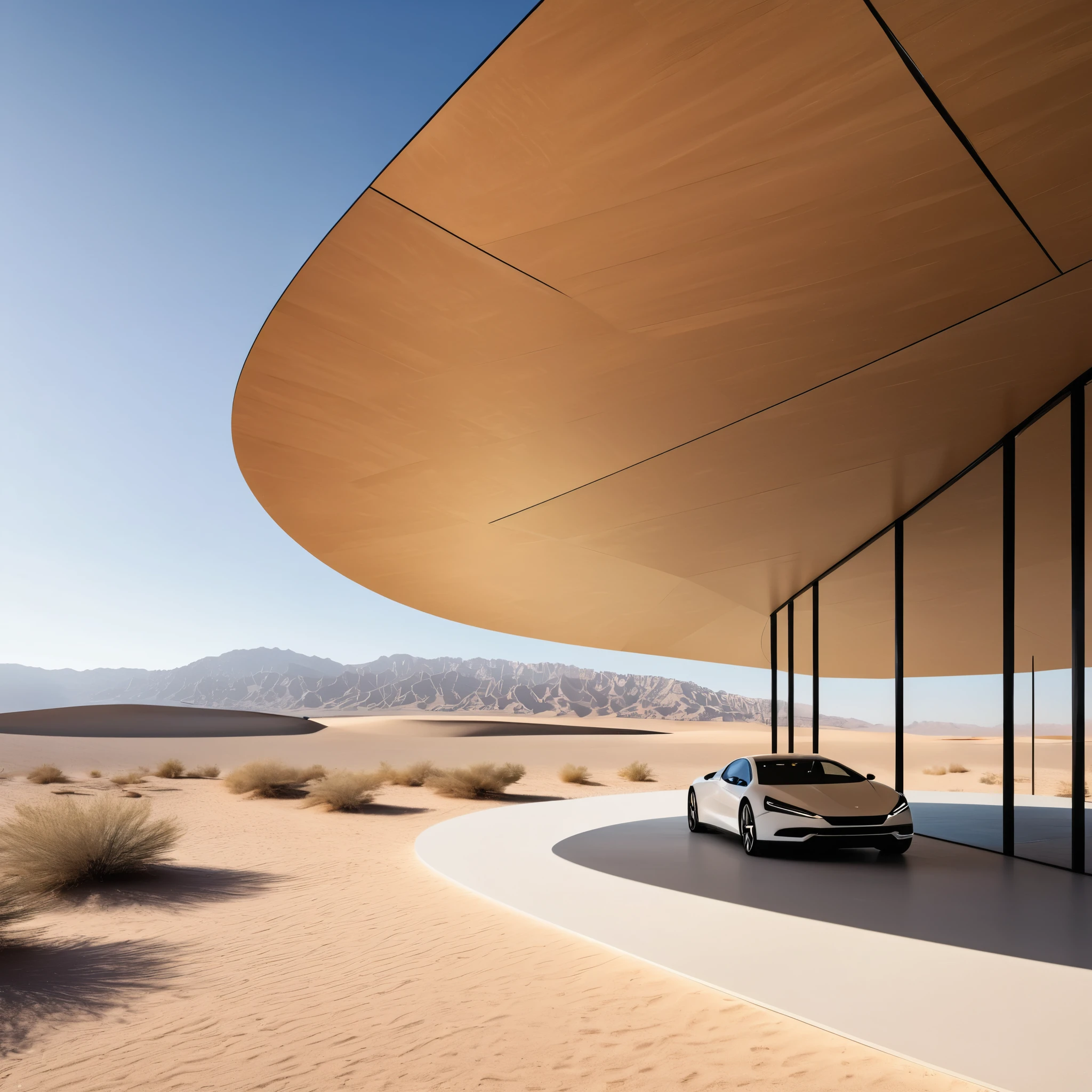 a pavilion for only one car in the desert, the pavilion should be Folded Sharp geometrical Mirror shape, the Environment should be an open snowy area with a Sun and a very high detailed minimalist criteria, the pavilion should be high detailed and it is fully a mirror