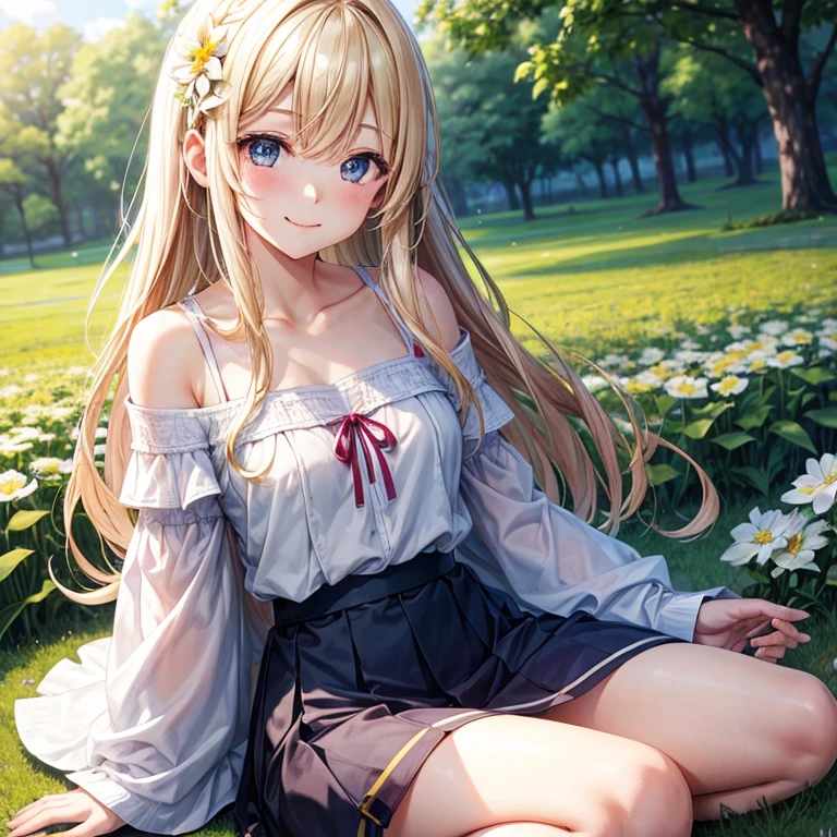 Smiling with eyes and mouth open、Sitting in the flower park、knee up、One pretty blonde girl。She had her long hair blowing in the wind、Surrounding flowers々Surrounded by the scent of。That smile is、As warm as the spring sunshine、Gives a pleasant feeling of happiness。She is such a、White off-shoulder、Wearing a miniskirt、It&#39;s like a single flower blooming in the park.、Cleavage。Panty Shot、Show white panties。Expand your imagination、What charm will her smile have in this landscape?、Picture it。