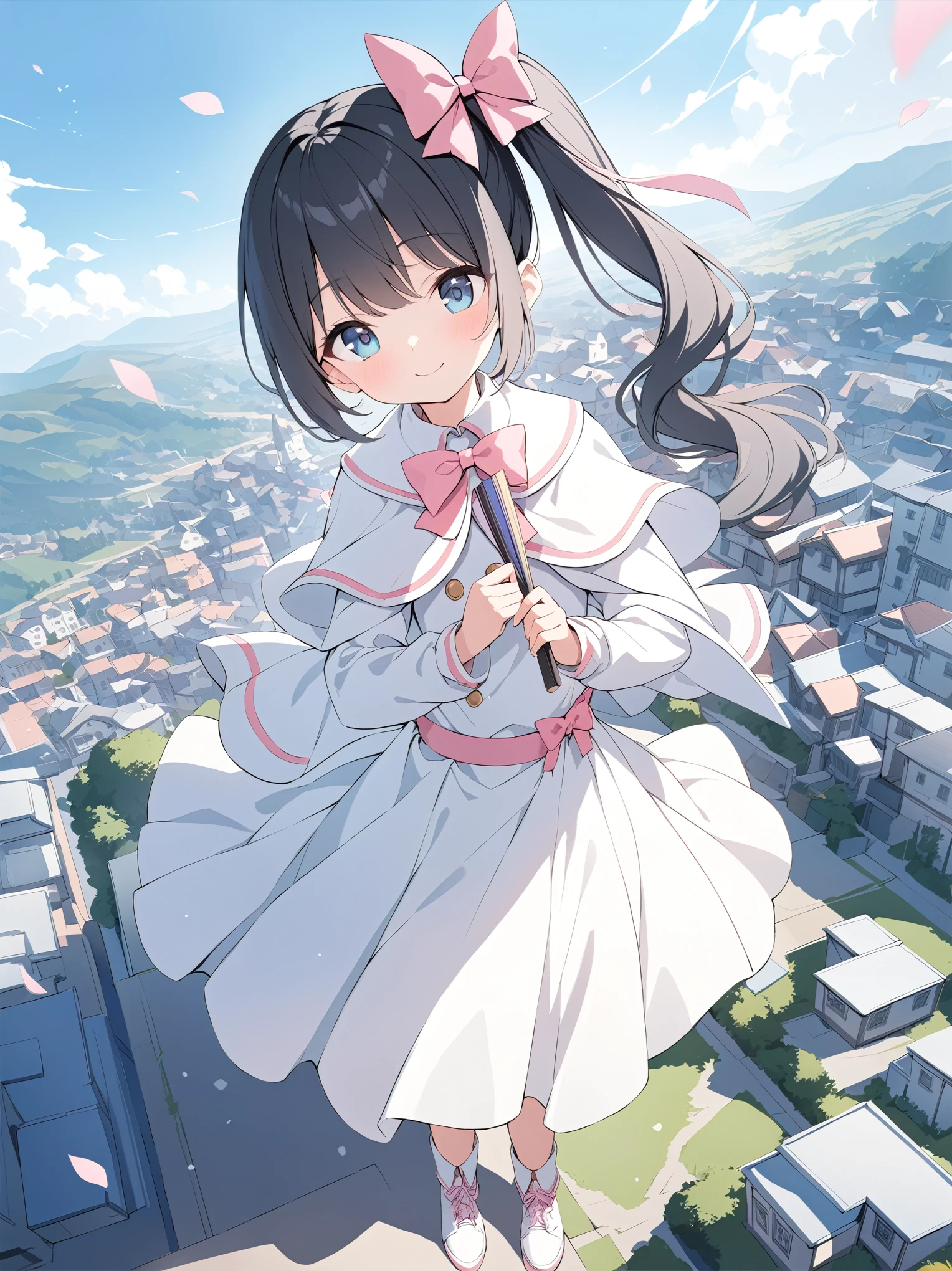 best quality, masterpiece, ultra resolution, super details, anatomically correct, full body, 1 girl, solo, (junior child:1.2), (black hair:1.2), high quality eyes, high quality hands, clear blue eyes, round eyes, (side ponytail on the left:1.4), (short hair), (pink laced ribbon:1.3), white dress, (white caplet:1.3), (large collar bow:1.5), long sleeves, wide cuffs, pink wide waist belt, (long skirt), soft ankle boots, kind smile, holding a pair of folding fan, flying above a town, blue sky, warm bleeze, flying flower flakes, high quality background, depth of field, dynamic angle