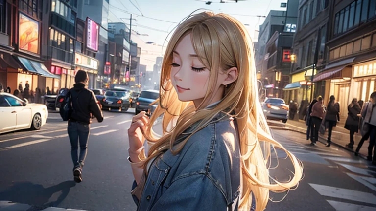 ((Masterpiece)), ((highest quality)), (Super Detail), ((High detail)), 4K, (8K), Highest quality, (beautiful), Realistic photos, Disorganized, Blonde、City at Dusk、On the road、a lot of people、dancing, Ecstatic expression, 自然なbeautiful光、Eyes closed、Shot from the side、jeans、looking away