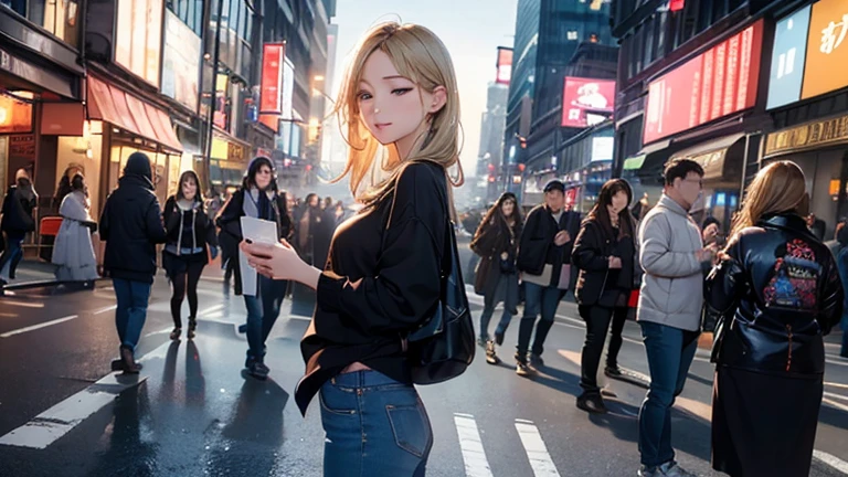 ((Masterpiece)), ((highest quality)), (Super Detail), ((High detail)), 4K, (8K), Highest quality, (beautiful), Realistic photos, Disorganized, Blonde、City at Dusk、On the road、a lot of people、dancing, Ecstatic expression, 自然なbeautiful光、Eyes closed、Shot from the side、jeans、looking away
