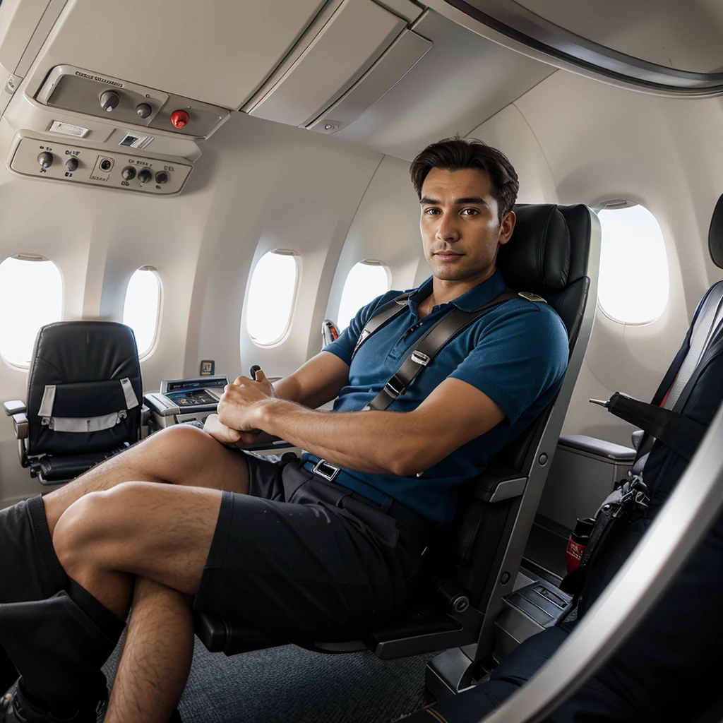 Pilot man seating on chair in plane
