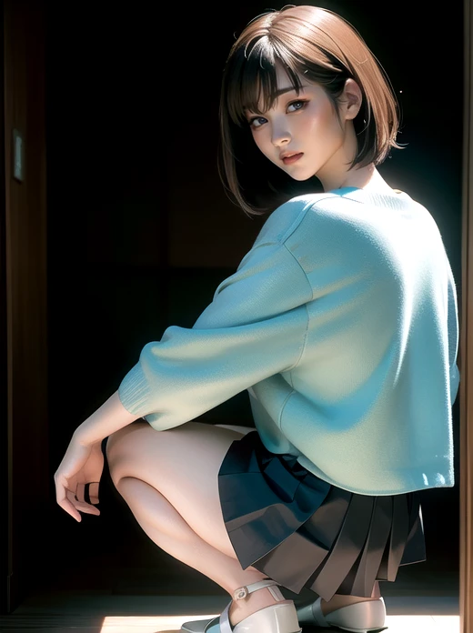 Japanese Girls,(Highly detailed skin),curvy,,Beautiful big breasts,(Big Breasts),Pale skin,Pointed Chest,Erect nipples,(Fantasy art,Best image quality,Hyperrealist portrait,(8k),Ultra-realistic,最high quality, high quality, High resolution, high quality texture,Attention to detail,Beautiful details,detailed,Extremely detailed CG,detailed Texture,Realistic facial expressions,masterpiece,in front,dynamic,bold),very short bob hair,A rounded bob hairstyle that follows the lines of the face、(very thin hair),(Very soft hair),(Super Straight Hair:1.5),length, sleek bangs,Very light coppery amber hair,Hair on one eye、Wearing light blue tennis wear、Her clothes fit her body perfectly......、;Wear a super mini pleated skirt、Crouched down with his back to the viewer、Squat、Drawing from behind、whole bodyを描く、whole body