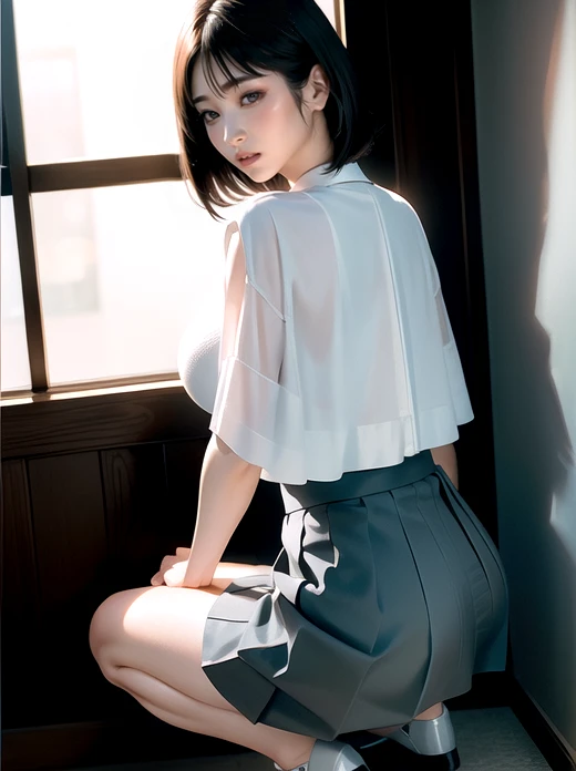 Japanese Girls,(Highly detailed skin),curvy,,Beautiful big breasts,(Big Breasts),Pale skin,Pointed Chest,Erect nipples,(Fantasy art,Best image quality,Hyperrealist portrait,(8k),Ultra-realistic,最high quality, high quality, High resolution, high quality texture,Attention to detail,Beautiful details,detailed,Extremely detailed CG,detailed Texture,Realistic facial expressions,masterpiece,in front,dynamic,bold),very short bob hair,A rounded bob hairstyle that follows the lines of the face、(very thin hair),(Very soft hair),(Super Straight Hair:1.5),length, sleek bangs,Very light coppery amber hair,Hair on one eye、Wearing light blue tennis wear、Her clothes fit her body perfectly......、;Wear a super mini pleated skirt、Crouched down with his back to the viewer、Squat、Drawing from behind、whole bodyを描く、whole body