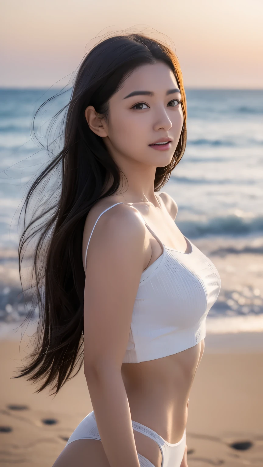 (logo、masterpiece、8k、Tabletop、RAW Photos、wonderful、最high quality、Photorealistic and Very detailed CG integrated 8k wallpaper、high quality、Very detailed、Narrative poem、Particle Effects、Dynamic Effects、Written boundary depth、Cinematic Light、Lens flare、Ray Tracing)、Fantasy、 (One beautiful woman、White pants、White T-shirt、White tube top、White crop top、Black-haired、Beautiful Face、True Face、Beautiful details、eye、Beautiful Skin、Ultimate Body、glamorous)、私の髪はWindに舞う、Hair flutters in Wind、Hair bounces、Seaside、wonderful景色、Coastal、sunrise、Sun in the background、Wind、Beach