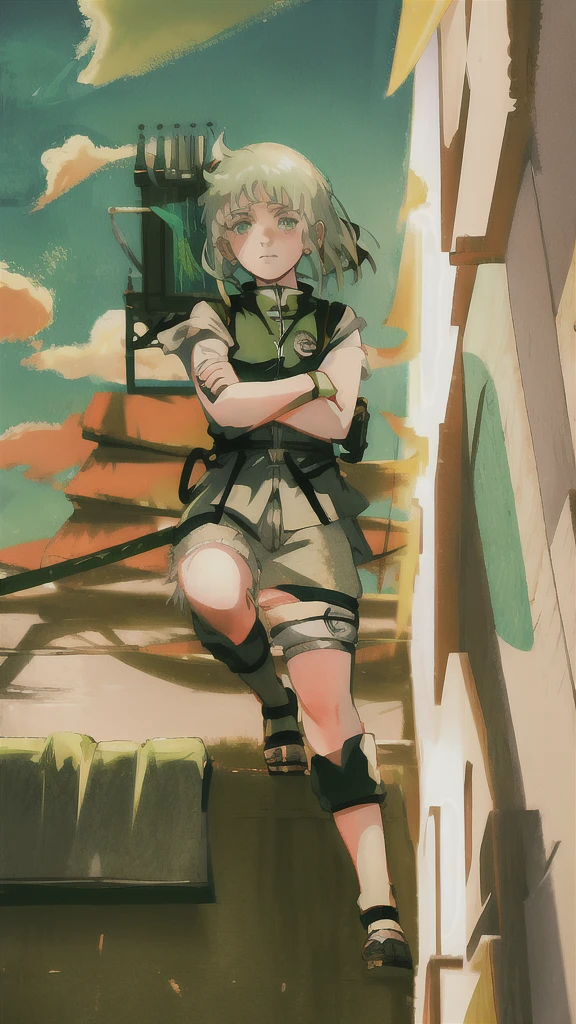 ANIME NARUTO SHIPPUDEN GIRL WHITE HAIR AND green EYES,fight position ,has asowrd air power,cool camera angle