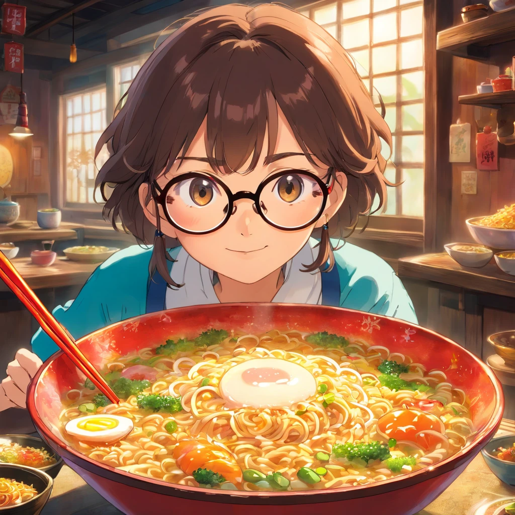 ramen　fried rice　woman　Glasses