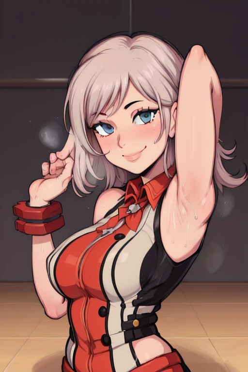 masterpiece, best quality, alisa god eater, looking at viewer, very large breasts, upper body, portrait, looking at viewer, seductive smile,put your hands behind your head, armpits, armpits visible, sweaty armpits, backround on gym