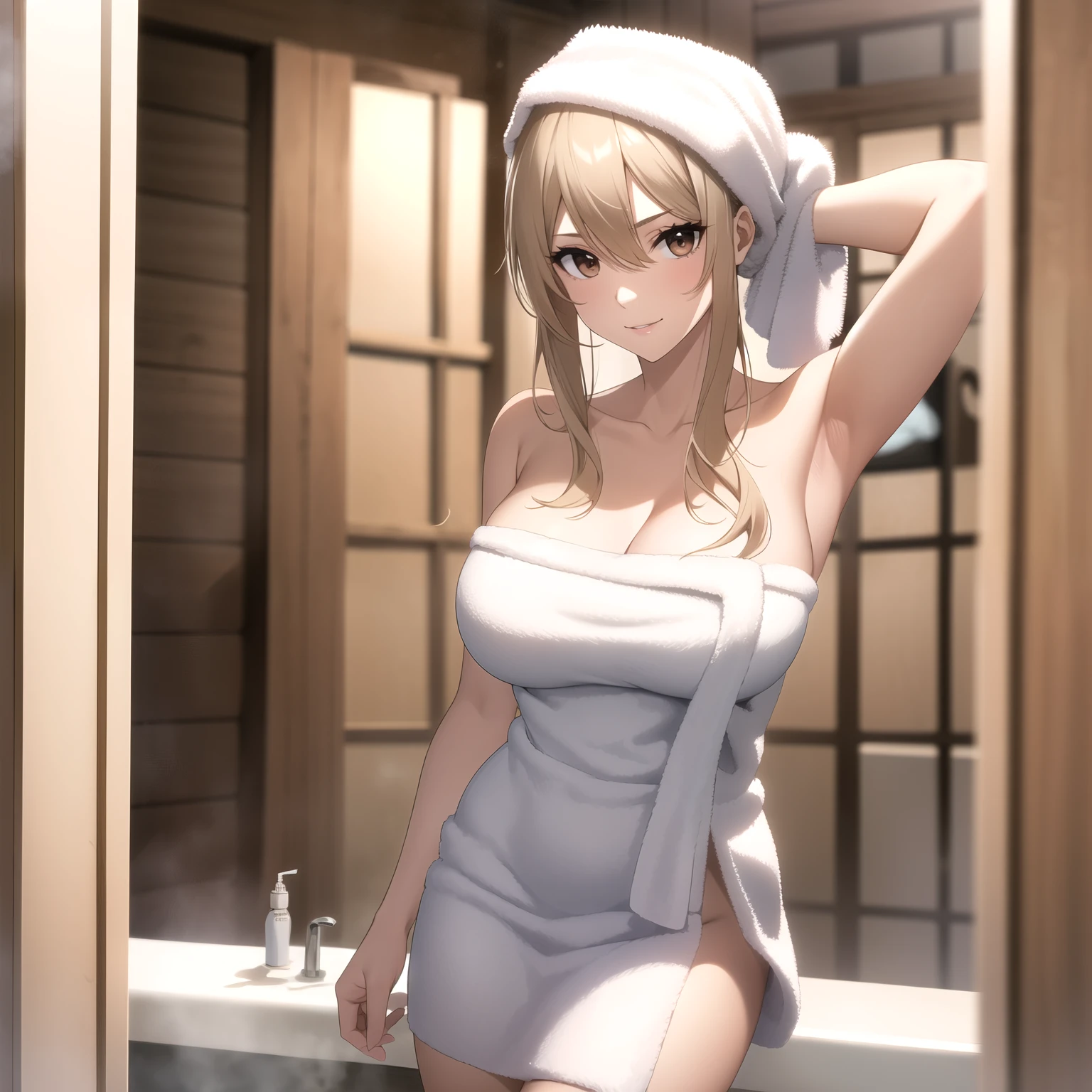 Lucy Heartfilia, mujer. cabello rubio, Brown eyes, pechos grandes, sonrisa coqueta, ,(naked with a bath towel wrapped around)、(perfect bath towel)、(de pie en un elegante vestidor)、(The interior of the most natural and practical dressing room)、pechos grandes 、escote、(Cabello mojado y brillante)、(Cabello mojado)