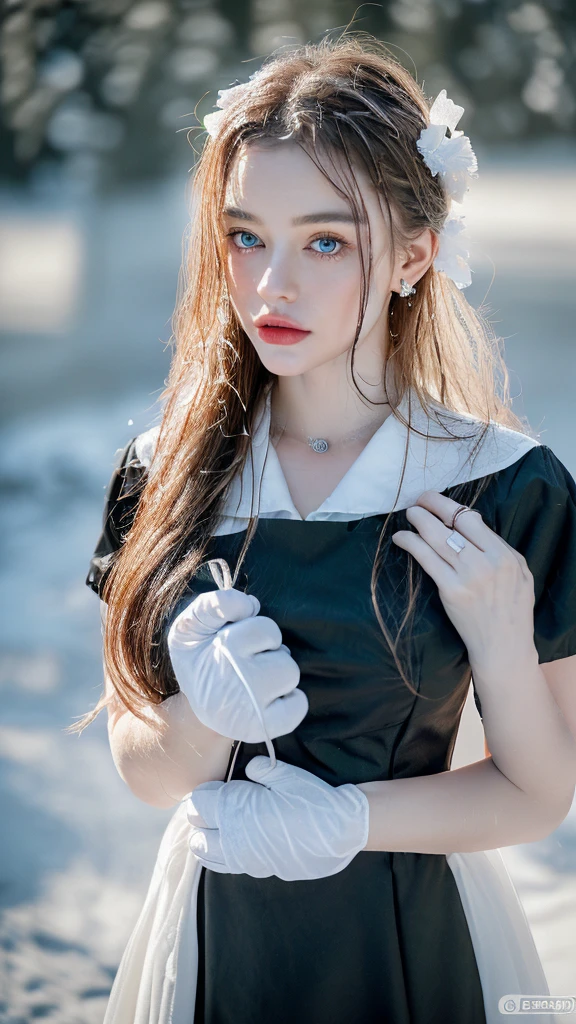1 miniature Beautiful beautiful woman - Yuan Sayuki, ((top quality, 8K, Masterpiece:1.retty woman, 1 woman, huge breasts:1.3, a slim body:1.1, lush GINGER long hair with 2 buns, (shower, wet body, wet clothes:1.1), very detailed face, detailed lips, detailed eyes, double eyelids, Detailed blue eyes, чрезвычайно Detailed Outstanding Blue Eyes, long GINGER wet hair, GINGER wet hair, Detailed Outstanding Blue Eyes, innocent look at the viewer, very wet wavy white hair, Detailed Outstanding Blue Eyes, huge cross earrings, Outdoors, badges behind, gothic maid uniform, sexy maid dress, bare chest, huge chest tattoo, detailed huge catholic cross earrings, chest tattoo, Outside, wear a silver cross (Detailed cross shape), reality mode, wet breasts, black necklace, human crowd behind, black latex gloves, hair of white snowy colour, night time, red neon lights, demonic nun, nimbus (golden lighting ring above her head), angel, snowy weather, sexy pose, white lingerie, black maid dress, detailed flower wreath made of different colours, open chest