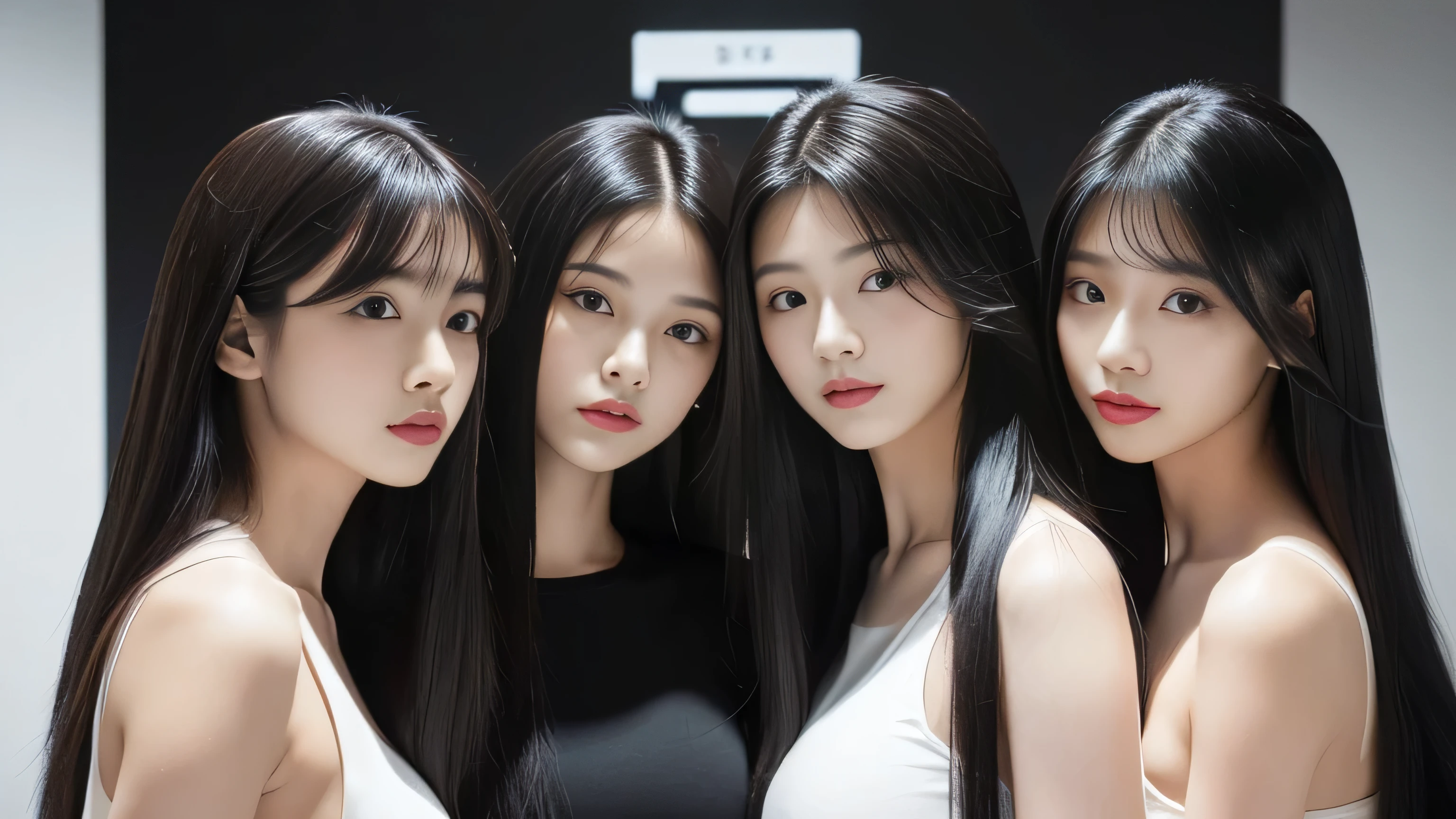(Three identical twin triplets photographed from the chest up in the same space) 　((Three clone triplets huddled together、Gives the viewer a sensual look:1.4))　(They are are the same clone)　((They are try to show off their hair as much as possible.,))　((Beautiful 18-year-old model with long black hair, girl with super length Hair, extremely length Hair, extra length Hair, very long, Flowing Hair, very length Hair, length Hair girl, very long, Flowing black hair, length Hair windy, Very long black hair, length, Flowing Hair,Incredibly long-lasting hair, length Hair!!!!　Her highest quality hair is long and straight., very long, highest quality black hair, length hair in the center, Highest quality long straight hair, length, straight, beautiful, High quality hair, length and free black highest quality straight hair, length Hair, length and straight, highest quality black hair, Perfect silky straight hair of the highest quality, straight, highest quality black hair, length black straight hair, length, Thin black hair　Her hair is long and straight, very long black hair, length hair in the center, length straight hair, length, straight, beautiful hair of the highest quality, length Hair, length, straight black hair, length and free straight black hair, straight black hair))　(Her bangs are perfect.:1.3)　(Pure white wall background:1.8)　(Japan&#39;s most sexy and beautiful 18-year-old beauty model)　((highest quality)), ((masterpiece)), (Familiar)　(Get used to it)　Perfect Face　　(Her skin is a typical Japanese skin color.......、And very detailed)　(Big Breasts:1.3)　(She has a beautiful face and a typical Japanese figure...., Narrow eyes)　(She has perfect beautiful makeup and face　Lipstick is light red　A solid eyeliner)　((Rich 1.4))　(Extremely detailed 8K)　(Ultra-fine skin texture 1.4)　(Actual, Vibrant:1.4), double eyelid　Sharp focus:1.2、Beautiful woman:1.4　Dynamic Lighting　(Genuine RAW photos taken by professional photographers)　　Professional Hair Shine.　　(((Unusually long black hair that lasts forever 1.3)))　(length, Shiny black hair, その女性はlengthBlack hairをしている, lengthBlack hair, Waist-length hair, very lengthBlack hair, thick shining black hair, black silky hair, length and shiny hair, lengthBlack hair, length, Flat Hair　Ridiculously long hair, Black shiny hair, Very shiny, Abnormally long hair, 厚く輝く異常にlengthBlack hair,Jet black silky hair　Her hair is とてもlength and straight　length, Voluminous black hair that reaches down to her ankles　unusually long black hair, unusually long black hair, Very long black hair)　(Her face is slim and dignified.., length, Narrow eyes..々Nice face)　(They are are are&#39;They are are&#39;They are&#39;They&#39;re both wearing the same white lingerie:1.5)