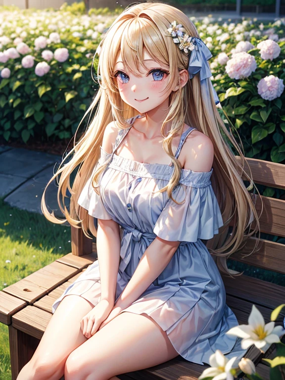 Smiling with eyes and mouth open、Sitting in the flower park、knee up、One pretty blonde girl。She had her long hair blowing in the wind、Surrounding flowers々Surrounded by the scent of。That smile is、As warm as the spring sunshine、Gives a pleasant feeling of happiness。She is such a、White off-shoulder、Wearing a miniskirt、It's like a single flower blooming in the park.、Cleavage。Panty Shot、Show white panties。Expand your imagination、What charm will her smile have in this landscape?、Picture it。