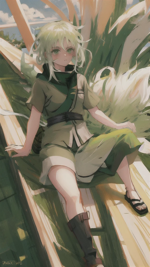 ANIME NARUTO SHIPPUDEN GIRL WHITE HAIR AND green EYES,fight position ,has asowrd air power,cool camera angle