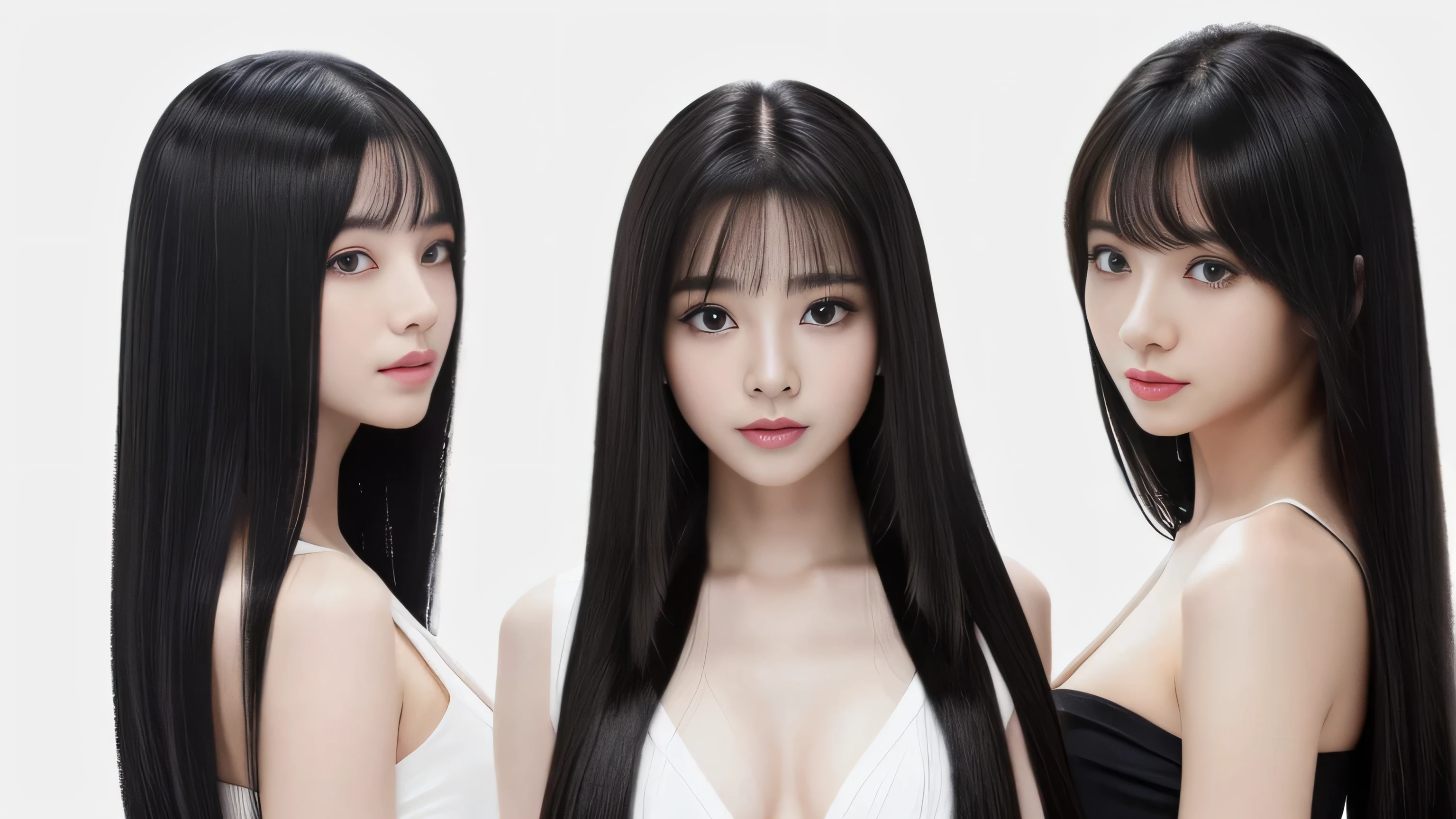(Three identical twin triplets photographed from the chest up in the same space) 　((Three clone triplets face each other、Gives the viewer a sensual look:1.4))　(They are are the same clone)　((They are try to show off their hair as much as possible.,))　((Beautiful 18-year-old model with long black hair, girl with super length Hair, extremely length Hair, extra length Hair, very long, Flowing Hair, very length Hair, length Hair girl, very long, Flowing black hair, length Hair windy, Very long black hair, length, Flowing Hair,Incredibly long-lasting hair, length Hair!!!!　Her highest quality hair is long and straight., very long, highest quality black hair, length hair in the center, Highest quality long straight hair, length, straight, beautiful, High quality hair, length and free black highest quality straight hair, length Hair, length and straight, highest quality black hair, Perfect silky straight hair of the highest quality, straight, highest quality black hair, length black straight hair, length, Thin black hair　Her hair is long and straight, very long black hair, length hair in the center, length straight hair, length, straight, beautiful hair of the highest quality, length Hair, length, straight black hair, length and free straight black hair, straight black hair))　(Her bangs are perfect.:1.3)　(Pure white wall background:1.8)　(Japan&#39;s most sexy and beautiful 18-year-old beauty model)　((highest quality)), ((masterpiece)), (Familiar)　(Get used to it)　Perfect Face　　(Her skin is a typical Japanese skin color.......、And very detailed)　(Big Breasts:1.3)　(She has a beautiful face and a typical Japanese figure...., Narrow eyes)　(She has perfect beautiful makeup and face　Lipstick is light red　A solid eyeliner)　((Rich 1.4))　(Extremely detailed 8K)　(Ultra-fine skin texture 1.4)　(Actual, Vibrant:1.4), double eyelid　Sharp focus:1.2、Beautiful woman:1.4　Dynamic Lighting　(Genuine RAW photos taken by professional photographers)　　Professional Hair Shine.　　(((Unusually long black hair that lasts forever 1.3)))　(length, Shiny black hair, その女性はlengthBlack hairをしている, lengthBlack hair, Waist-length hair, very lengthBlack hair, thick shining black hair, black silky hair, length and shiny hair, lengthBlack hair, length, Flat Hair　Ridiculously long hair, Black shiny hair, Very shiny, Abnormally long hair, 厚く輝く異常にlengthBlack hair,Jet black silky hair　Her hair is とてもlength and straight　length, Voluminous black hair that reaches down to her ankles　unusually long black hair, unusually long black hair, Very long black hair)　(Her face is slim and dignified.., length, Narrow eyes..々Nice face)　(They are are are&#39;They are are&#39;They are&#39;They&#39;re both wearing the same white lingerie:1.5)　(((Make your hair look as wide as possible)))