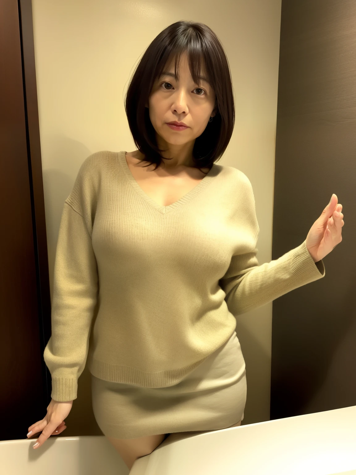 alone.Woman taking a selfie with a smartphone. Hands stretched out in front and out of frame..Stand in front of the bathroom .((最high quality:1.0)), (Realistic:1.3),(RAW Photos),(alone),Sharp focus,In detail,high quality, High resolution,Japanese, 1 middle-aged woman,Detailed face,(Muscular:1.0), (Around 44 years old),(Japanese middle aged woman in her 40s : 1.4),(Dull Skin: 1.2),Black Hair..Japanese Mature, 45 years old, Unusually large breasts,High resolution, high resolution, Attention to detail, masterpiece, Rough skin, Anatomically correct, sharp, Black Stockings..Beige tight-fitting shallow V-neck sweater,Beige Skirt,Middle Hair.Perfect Fingers.The seductive look on her face,A mother's gaze,valley
