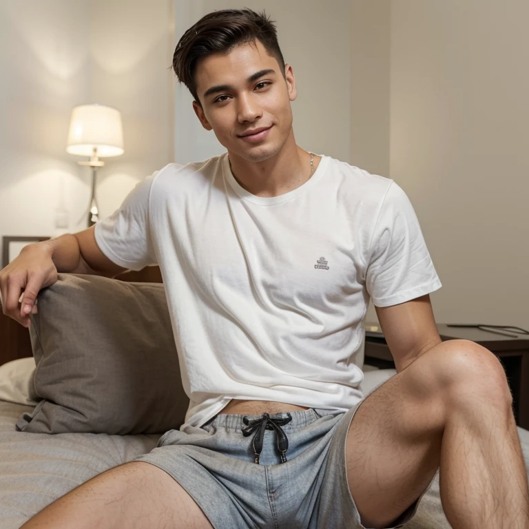 (best quality,4k, highres,masterpiece:1.2),ultra-detailed,physically-based rendering,professional,portrait
 
A young man, normal body, relaxed clothes, with a distinctive appearance of being half Asian and half Italian, is sitting on a bed. He has short hair. The focus is on pelvis. one hand inside shorts. His eyes are captivating, with beautiful, detailed expressions. He has chiseled facial features. His lips are full and attractive, with a natural and inviting smile. The man is relaxed, with one hand inside his shorts, showcasing a casual and confident pose. The lighting highlights the contours of his face, enhancing the masculine features. The background is minimalistic, with a neutral and subtle tone, attractive to woman taste