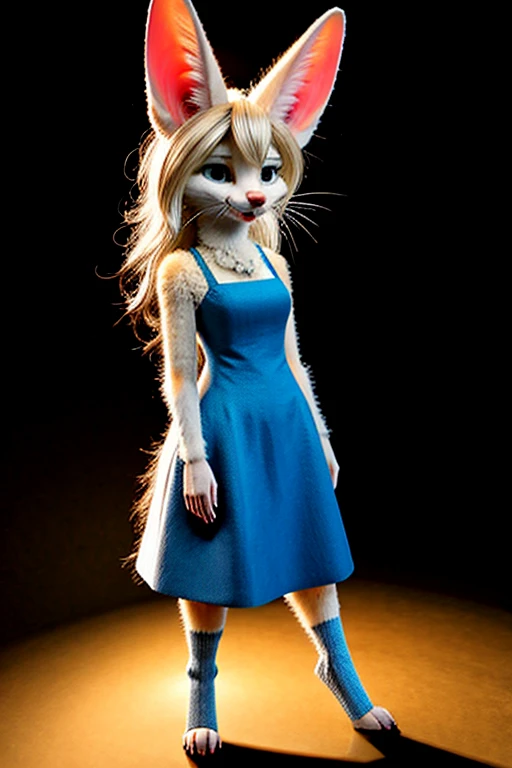 (white fur:1.2), short slim skinny adult female digitigrade fennec, medium breasts,  BREAK whiskers, black lips, black nose, BREAK bright and vivid big blue green eyes, BREAK long wavy platinum blonde hair, waist length hair, messy hair, [:pink hair:15], BREAK light blue dress with spaghetti straps, (cleavage:1.1), BREAK standing on stage in the spotlight, raised tail, BREAK (by trigaroo:1.2), (by toots, by syn-6), by discreet user, [by dryadex, by syuro::12], [by v-tal:by himeragoldtail:18], (by toots, by syn-6), (whisperfoot:0.6), (by kenket:0.8), translucency