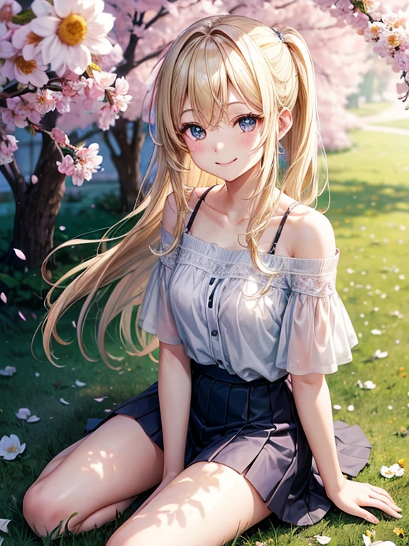 Smiling with eyes and mouth open、Sitting on the ground in a flower park、knee up、One pretty blonde girl。She had her long hair blowing in the wind、Surrounding flowers々Surrounded by the scent of。That smile is、As warm as the spring sunshine、Gives a pleasant feeling of happiness。She is such a、White off-shoulder、Wearing a miniskirt、It's like a single flower blooming in the park.、Cleavage。Panty Shot、Show white panties。Expand your imagination、What charm will her smile have in this landscape?、Picture it。