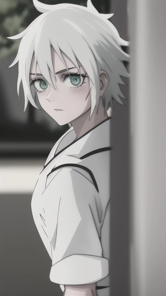 ANIME NARUTO SHIPPUDEN GIRL WHITE HAIR AND green EYES,fight position ,has asowrd air power,cool camera angle