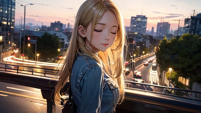 ((Masterpiece)), ((highest quality)), (Super Detail), ((High detail)), 4K, (8K), Highest quality, (beautiful), Realistic photos, Disorganized, Blonde、City at Dusk、On the road、Many people are dancing, Ecstatic expression, 自然なbeautiful光、Eyes closed、Shot from the side、jeans、looking away