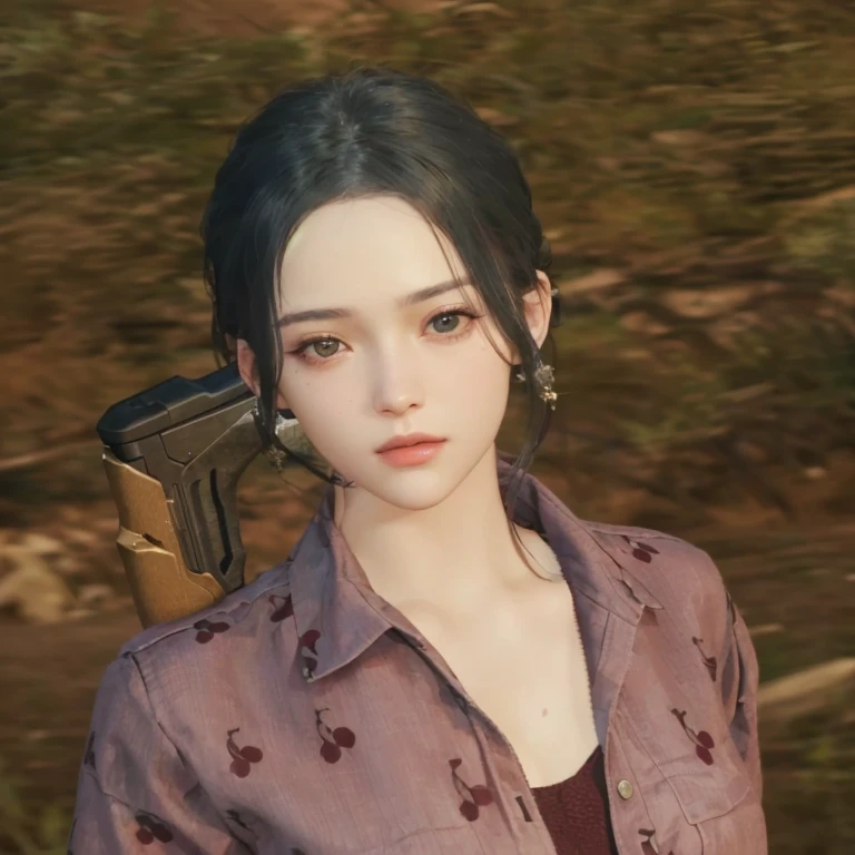 there is a woman with a gun in her hand, female character, close up character, character close up, female lead character, ingame image, highly detailed character, in-game, in - game, [ 4 k photorealism ]!!, realistic skin color, with very highly detailed face, in game, with pistol, character close-up
