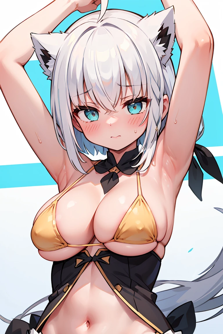 Shirakami fubuki,1 girl,,Huge breasts,Pointed Chest,Cleavage,Underbust,Side Bust Barbosa,(blush),((Embarrassing)),Spread and masturbate((Golden Little Bikini))round 1(((Show off your armpits)))((View from below、View from below))Upper body close-up,(Huge breasts)short hair