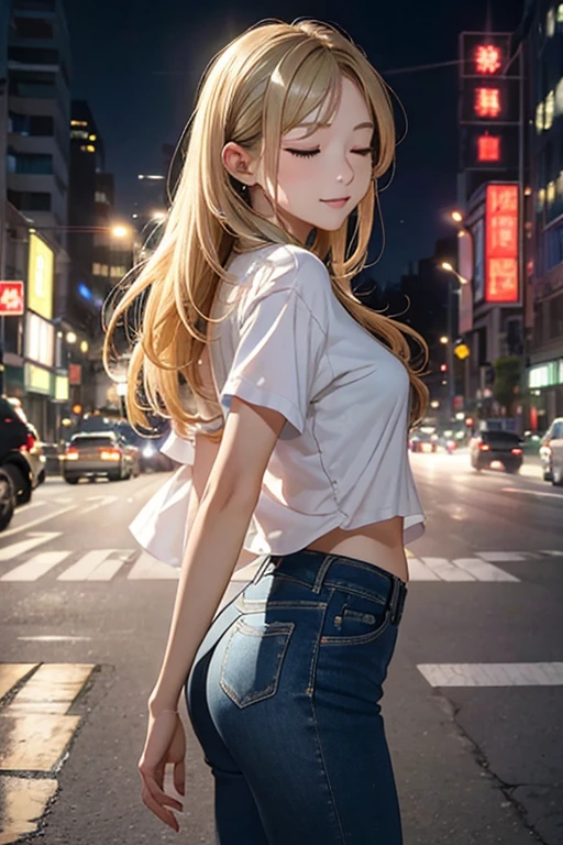 ((Masterpiece)), ((highest quality)), (Super Detail), ((High detail)), 4K, (8K), Highest quality, (beautiful), Realistic photos, Disorganized, Blonde、City of night、On the road、Many people are dancing, Ecstatic expression, 自然なbeautiful光、Eyes closed、Shot from the side、jeans、looking away