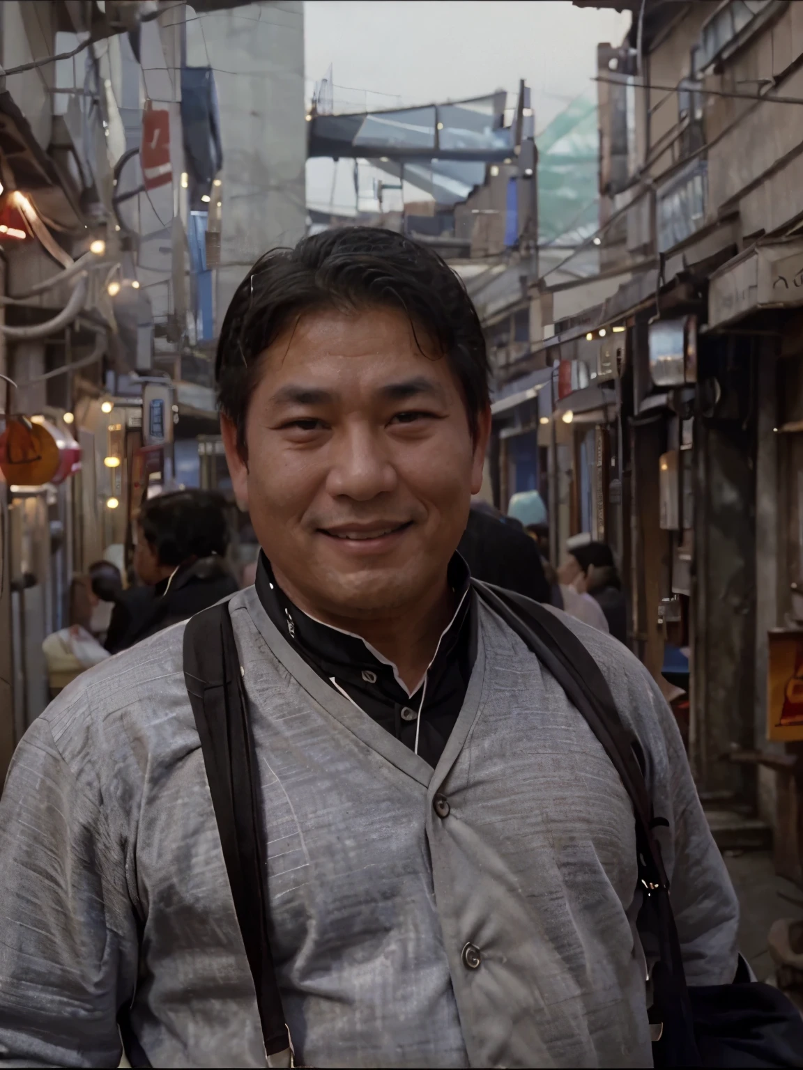 A 50-year-old oriental middle-aged man with a slightly fat figure in the 1950s,Wearing a neat suit and suspenders with an friendly smile on his face,Business frontal half-length close-up,Black and white portrait film photography