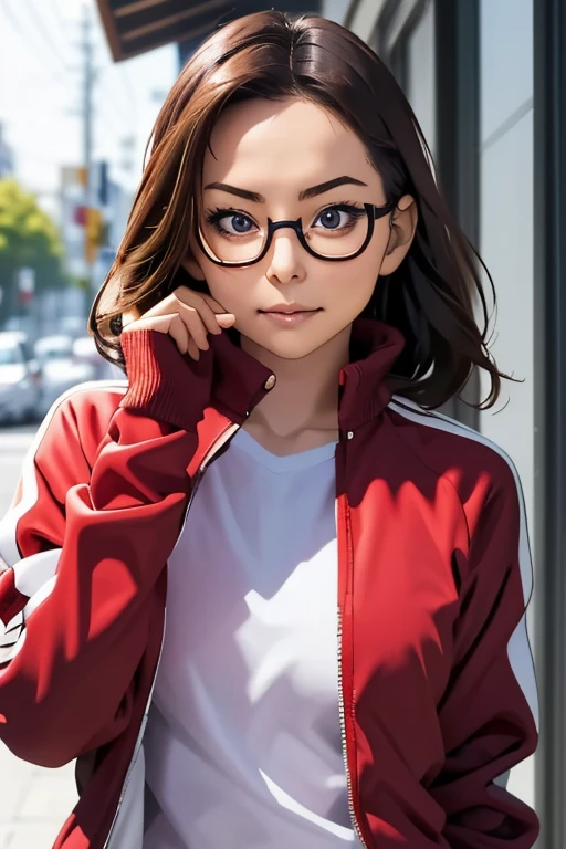 (masterpiece, highest quality), One Girl, Satou, Satou, Glasses, 赤いフレームのGlasses, Under-rim eyewear, Satou, Glasses, 赤いフレームのGlasses, Under-rim eyewear, Track jacket, Track pants,Head to Chest,