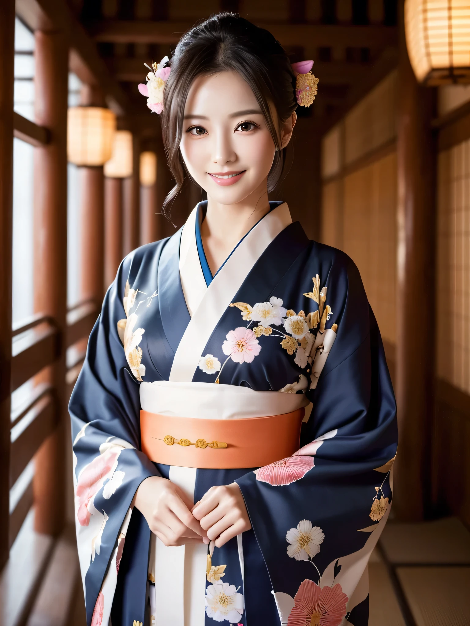 (Super beautiful woman in kimono)、((highest quality、8K masterpiece:1.3))、sharp focus:1.2、(super beautiful face:1.0)、(shiny skin:1.0)、realistic pictures、black hair、video lighting、High resolution eyes and face、video lighting、japanese actress、from the front、with a happy smile、whole body、wearing a kimono、in Kyoto、(luxury obi)