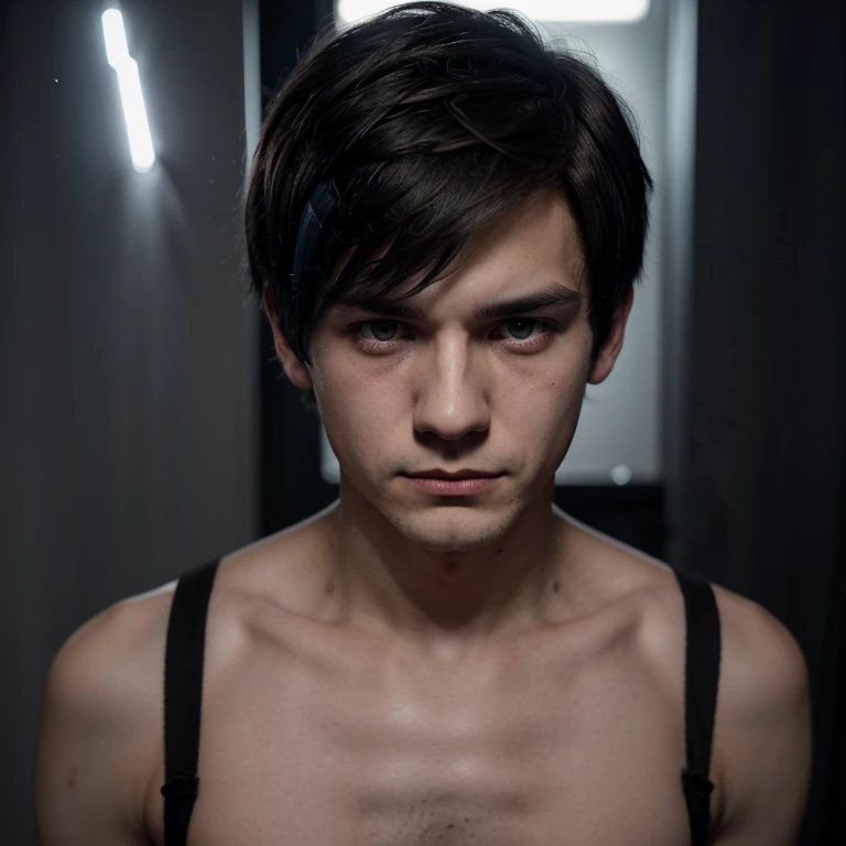 He is an emo boy, white complexion, slim, grayish blue eyes, dark brown hair, short emo hairstyle and he is 1.91 cm tall, very handsome, Polish and looks like the character called Dominik santorski From the movie suicide room Do it him sad and crying in his dark room 