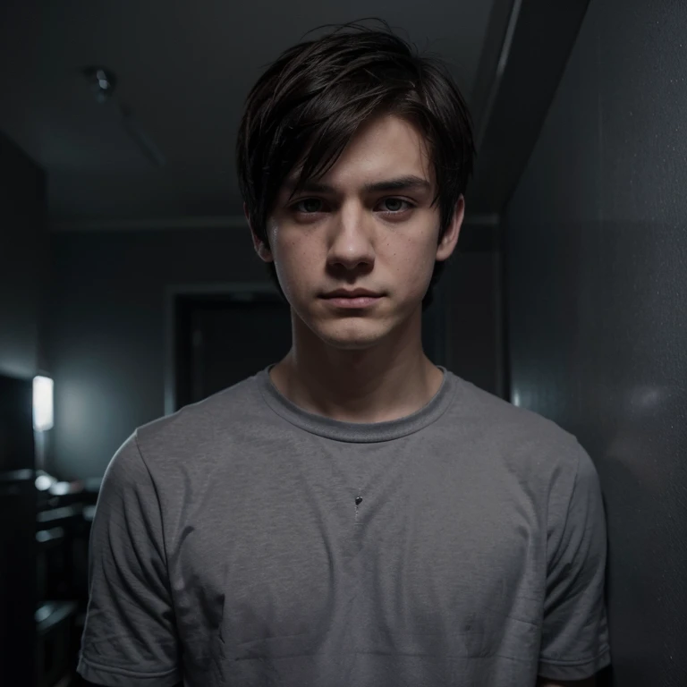 He is an emo boy, white complexion, slim, grayish blue eyes, dark brown hair, short emo hairstyle and he is 1.91 cm tall, very handsome, Polish and looks like the character called Dominik santorski From the movie suicide room Do it him sad and crying in his dark room