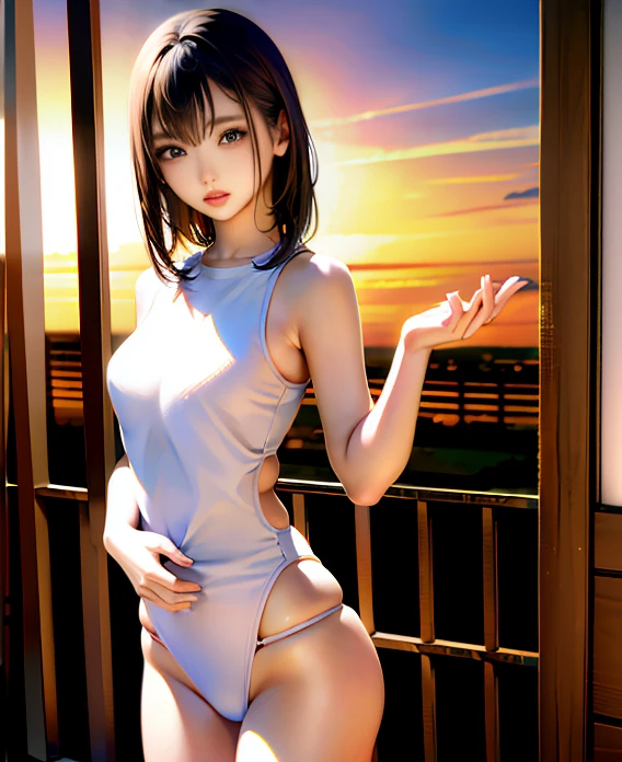 (Close-up:1.4)、(RAW photo:1.2)、(photorealistic:1.4)、(masterpiece:1.3)、(highest quality:1.4)、(Beautiful woman with perfect body:1.4)、young japanese woman、solo、(slender and beautiful girl:1.3)、(full body shot)、(Medium chest:1.3)、beautiful breasts、gentle smile、(volleyball uniform:1.3)、(beautiful detailed eyes)、(charming big eyes)、(beautiful double eyelids)、(beautiful and detailed face)、(short hair:1.2)、(Beautiful little ass:1.2)、(perfect anatomy:1.2)、sweating、Expression of excitement、volleyball player、cowboy shot、volleyball in hand、look back、beach volleyball、volleyball court、