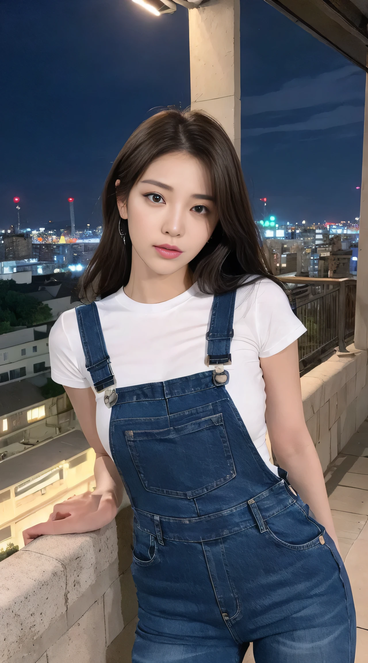 ((midnight, best quality, 8k, masterpiece :1.3)), whole body, Long legs, Clear focus :1.2, Beautiful woman with perfect body :1.4, Slim abdominal muscles :1.1, ((Dark brown hair, Large Breasts :1.2)), (White Tight T-shirt, Overalls Jeans, permanent:1.2), ((City night scene, roof:1.3)), Highly detailed face and skin texture, Delicate eyes, double eyelids