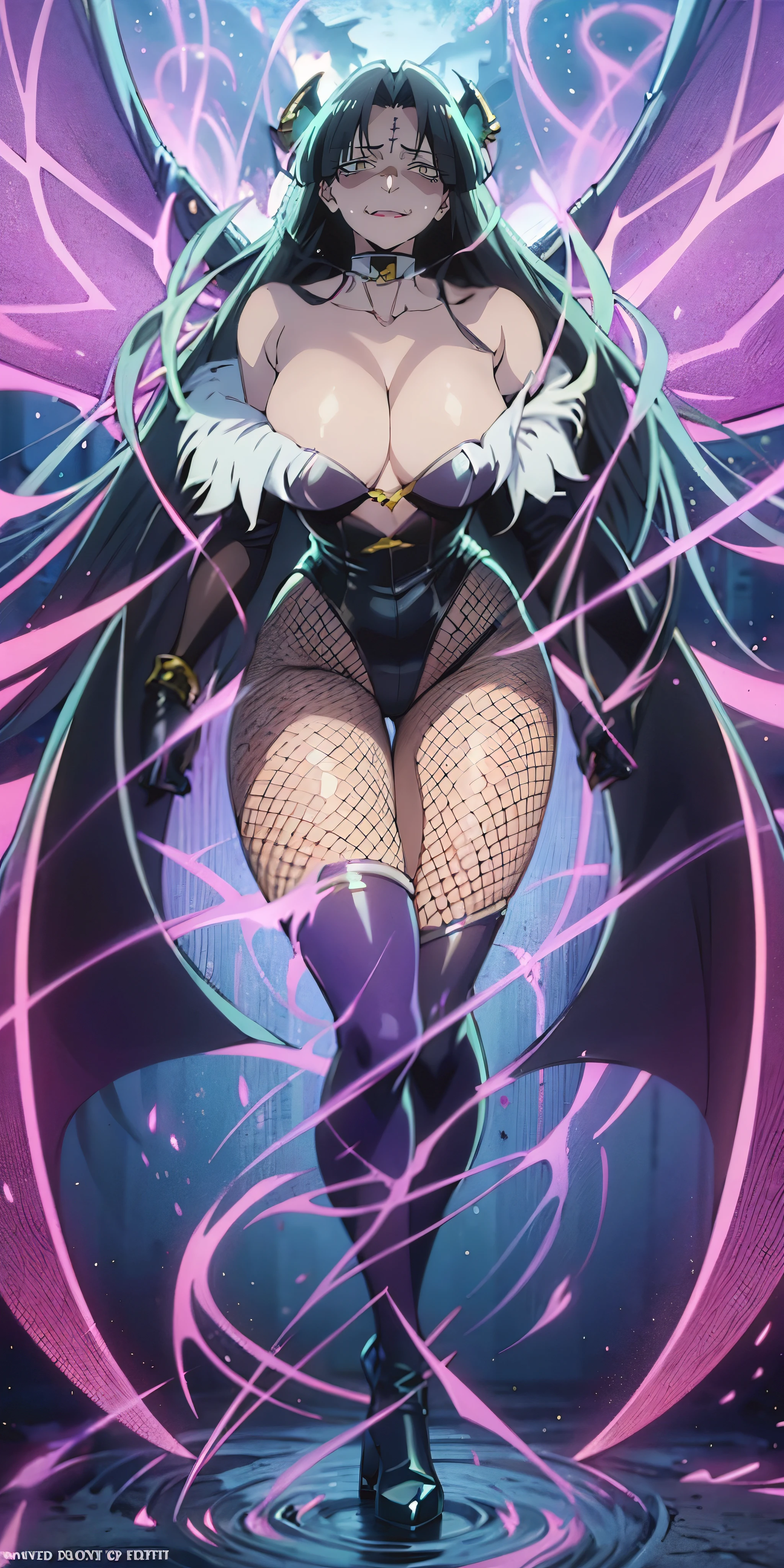 michiko_tanaka_mahoushoujoniakogarete, anime_style, long hair, (black hair:1.3), forehead, forehead mark, anatomically correct, heavy breathing, huge breasts, breast press, morrigan_aensland, head_wings, print_legwear, pantyhose, animal_print, bat_print, breasts, 1girl, wings, succubus, long_hair, demon_girl, bare_shoulders, low_wings, leotard, solo, cleavage, bat_wings, purple_legwear, bridal_gauntlets, purple_wings,  large_breasts, boots, sfw version, forehead, forehead mark, (shaded face:1.2), hollow eyes, grey eyes, looking at viewer, heavy breathing, smirk, upper teeth, lips, pinkbra,michiko_tanaka_mahoushoujoniakogarete,michiko tanaka