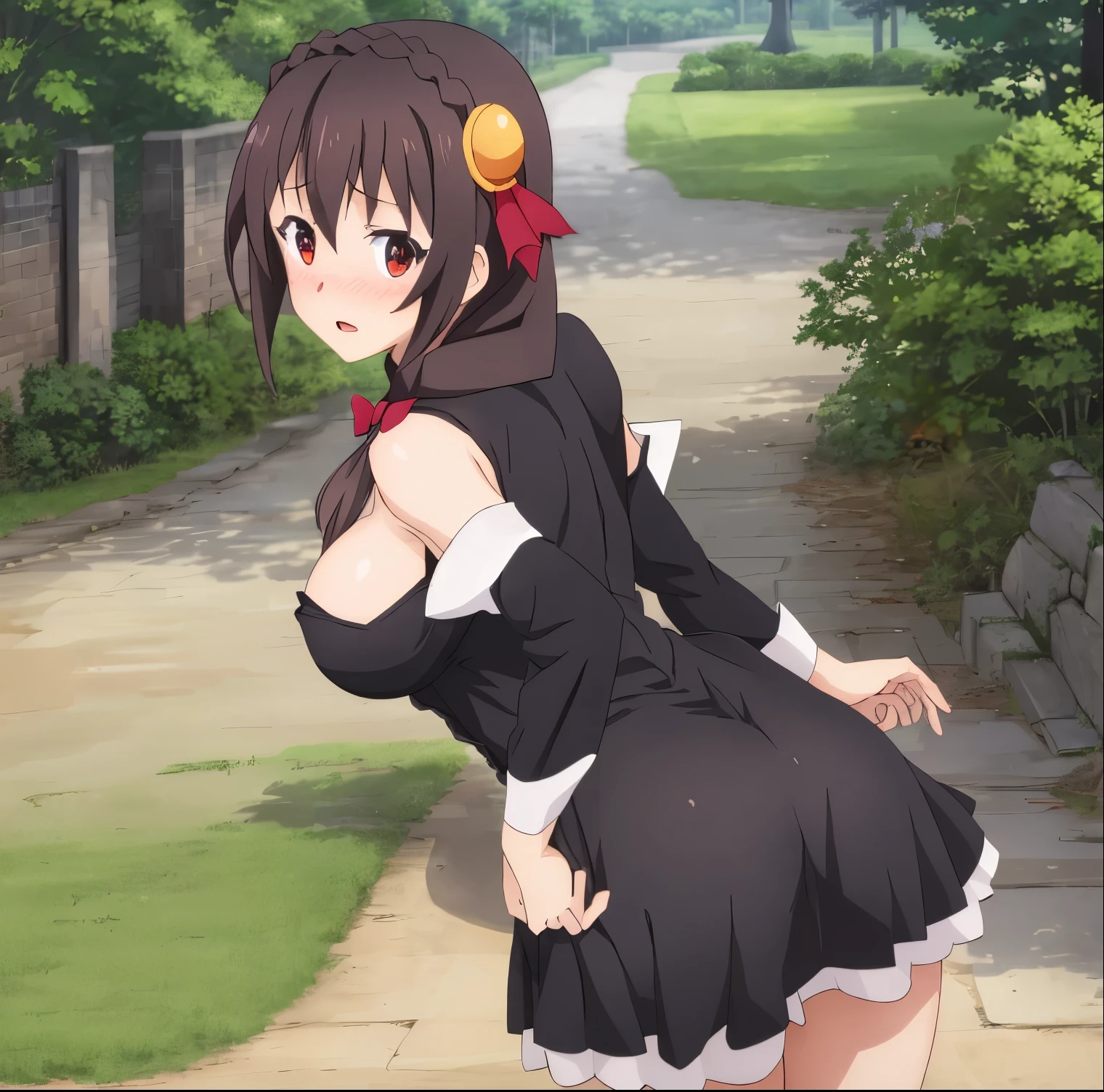 1girl, alone, yunyun,masterpiece,best quality, highres,red eyes, solo, blushing, braid, long hair, large breasts, hair ornament, black hair, hair bow, crown braid, brown hair, twintails, big hips, thighs, busy, breasts out, standing, hands on breasts, touching breasts, grab breasts, blushing, shocked, dirty, outdoors, spy, spied on, clueless, distracted, medieval, town, multiple angles, looking outdoors, from below, sideways, from behind, hurried, running, perfect hands, perfect anatomy 