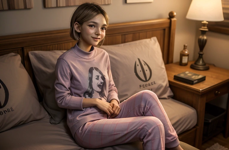 A stunning, intricate full body photo , young  girl Sarah Miller, wearing pink turtleneck or t-shirt, pink pajama pants, sitting in her room, slightly smiling, epic character composition, alessio albi, nina masic, sharp focus, natural lighting, subsurface dispersion, f2, 35mm, 