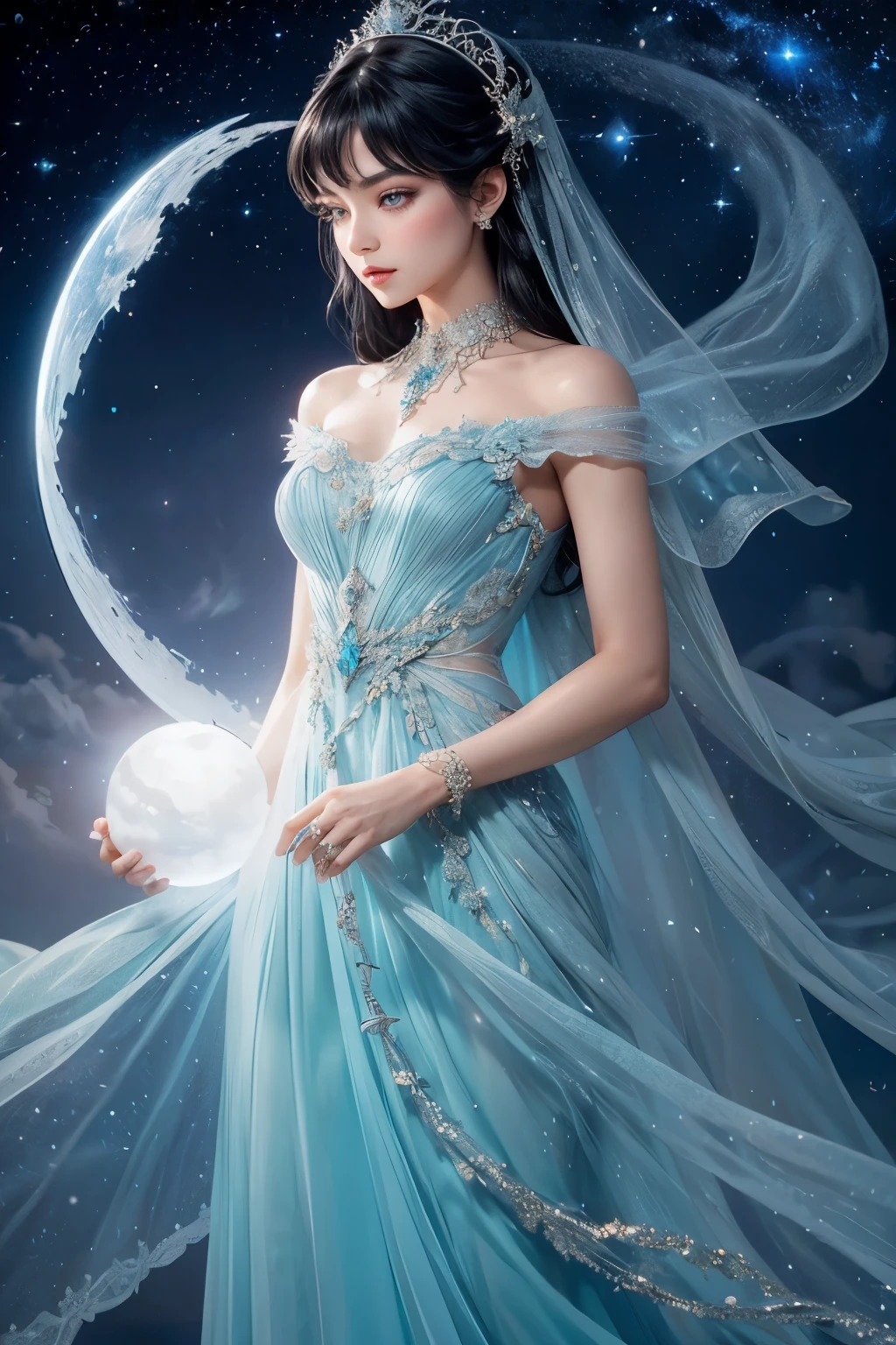 In the quiet stillness of the night, a black haired fairy of the moon sits upon her shimmering bedazzled crescent throne, her eyes alight with wonder as she watches a single star shoot across the sky. The stellar winds blow hot and cold, carrying her thoughts and dreams to the far reaches of the universe, much jewelry, topiary, filigree, beautiful silken dress, lacey accessories, time, full beautiful hair, beautiful eyes, swirling curling twirling beautiful fluffy hair, light blue gown,