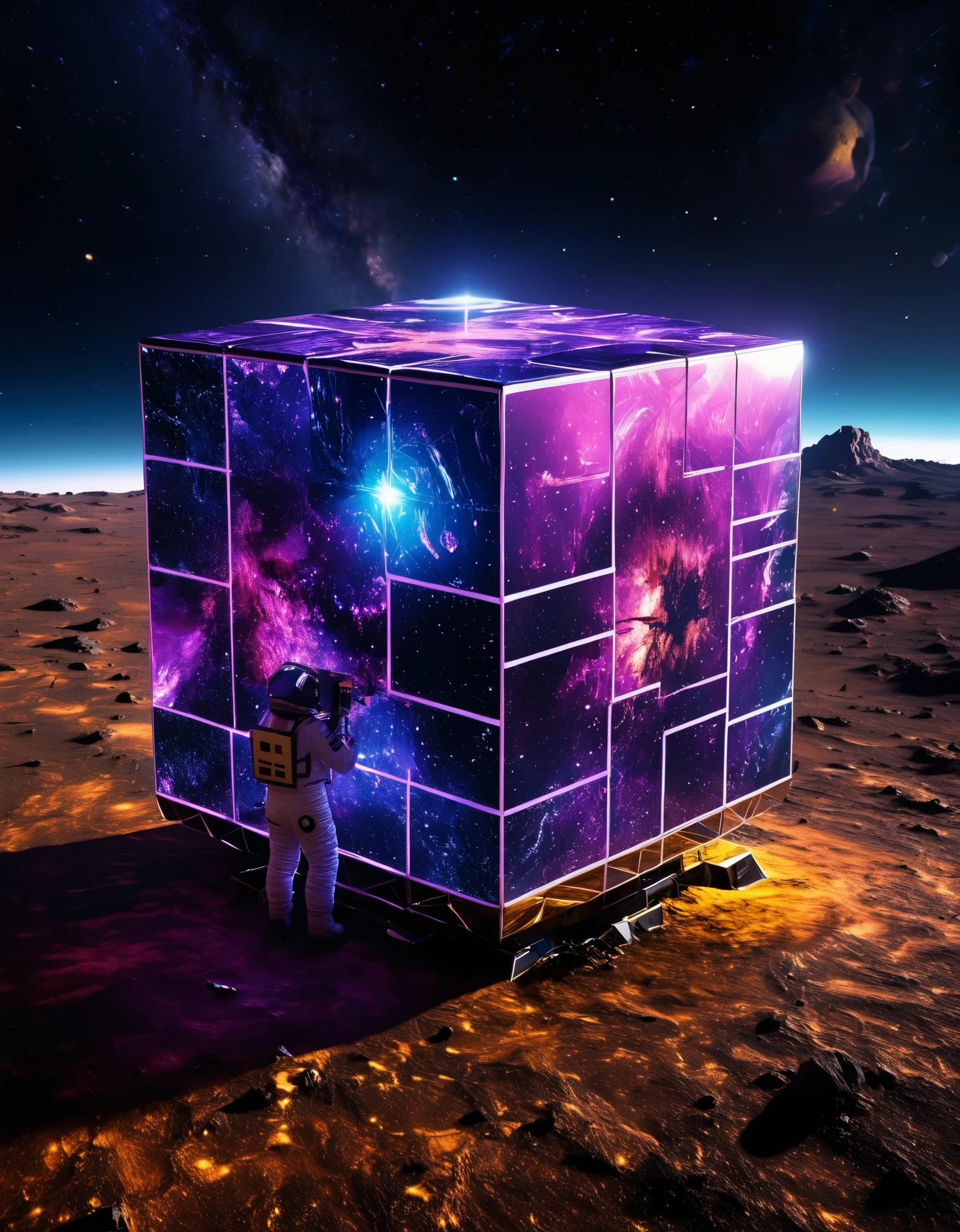 two astronauts investigating a massive cube on an alien planet. The cube is hyper reflective and each face reflects a unique planetary biome. The top of the cube is crackling with electricity reaching toward a star for power, vivid clear, ultra high-resolution