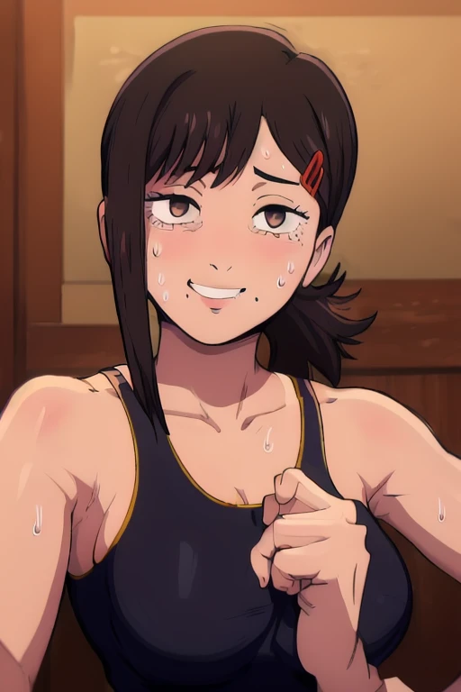 masterpiece, best quality, kobeni, looking at viewer, very large breasts, upper body, portrait, looking at viewer, seductive smile,put your hands behind your head, armpits, armpits visible, sweaty armpits, backround on gym