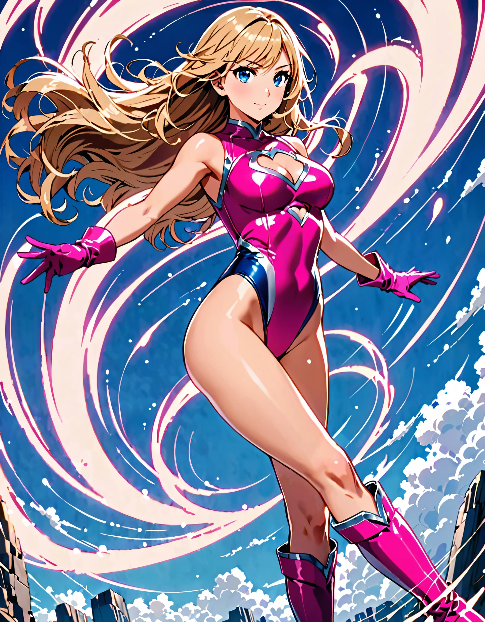 ((masterpiece)), ((best quality)), ((high res)), 1girl, solo, solo focus, (leotard, perfect leotard, pink leotard, sleeveless, bare legs), matching boots, looking at the viewer, blue sky backdrop, hand, perfect hands, complete fingers, perfect anatomy, medium breasts, (blonde hair, long hair, mid-length hair, hair down, bangs), knee boots, blue eyes, beautiful detailed eyes, beautiful detailed face, cute face, (cleavage heart cutout), pink gloves, pink footwear, superhero, heroic, spread arms. spins in place like a tornado. she spins at an incredible speed, creating a whirlwind of air around her. spiral lines around her body, cyclone winds around, tornado spinning. full body with costume