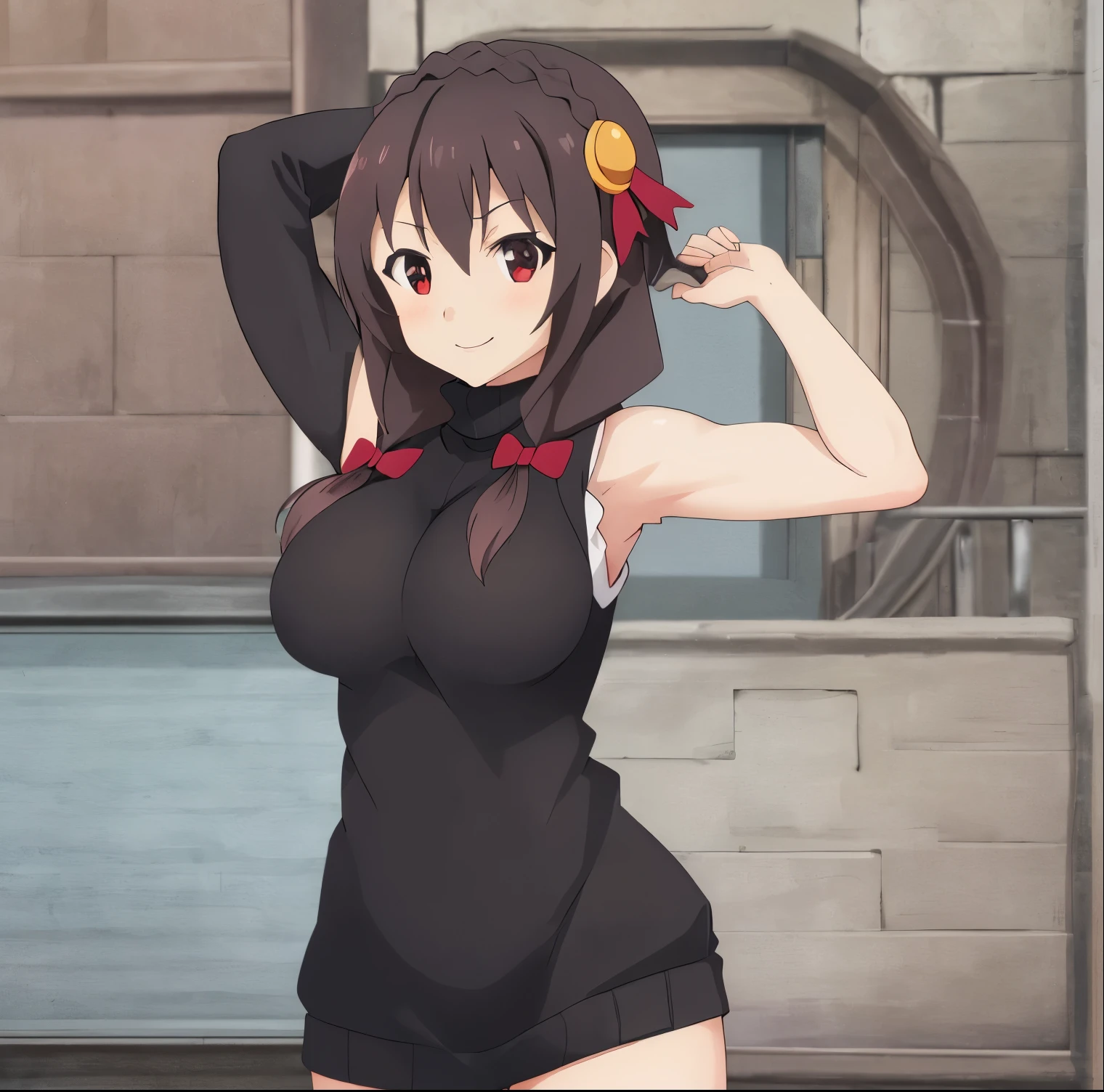 1girl, alone, yunyun,masterpiece,best quality,highres,ultra-detailed,aayunyun,long hair,braid,twintails,hair between eyes,hair bow,hair ornament,large breasts,(sweater:1.2),(turtleneck:1.2),street,smile,standing,(sleeveless:1.4),arm_behind_head,arms_up,cowboy shot,no pants, perfect hands, perfect anatomy