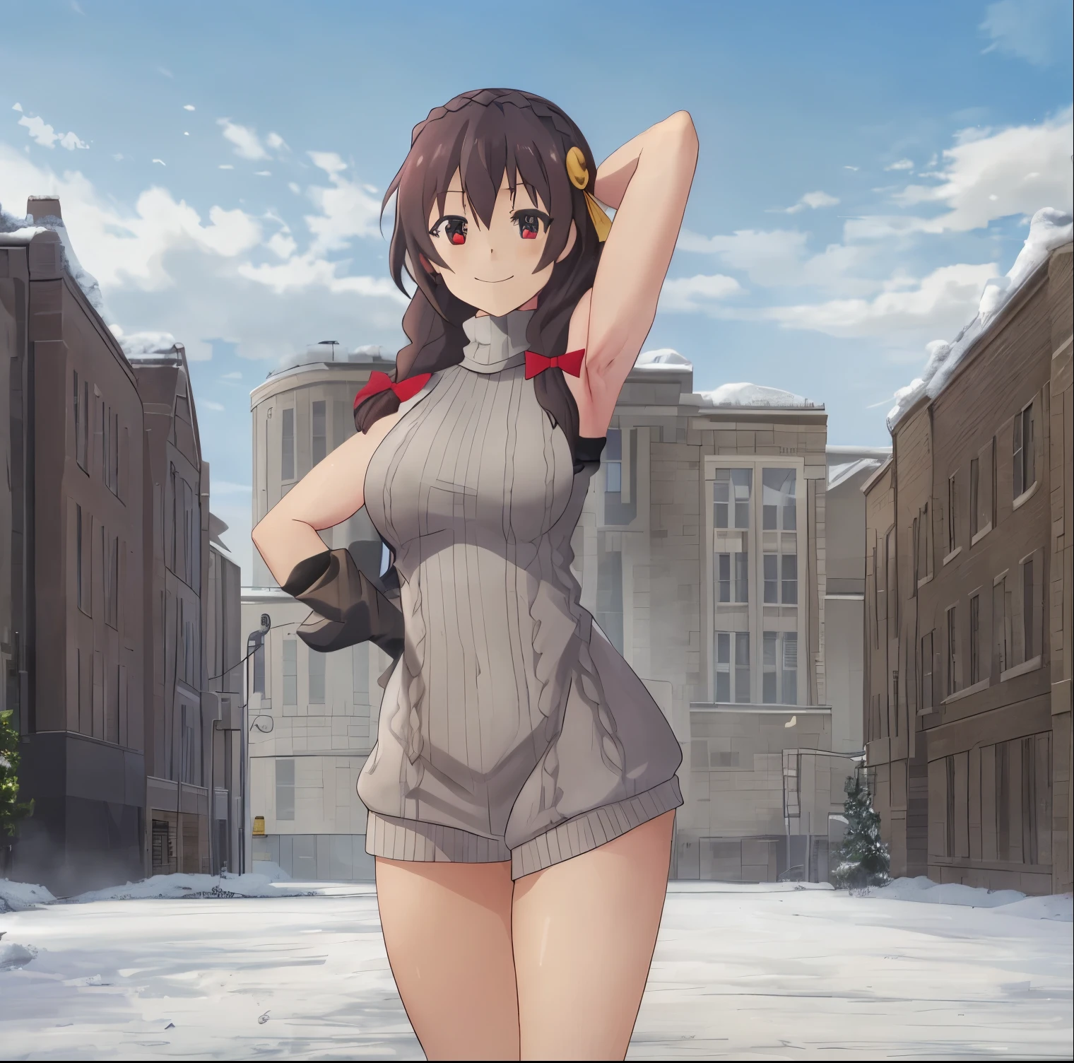 1girl, alone, yunyun,masterpiece,best quality,highres,ultra-detailed,aayunyun,long hair,braid,twintails,hair between eyes,hair bow,hair ornament,large breasts,(sweater:1.2),(turtleneck:1.2),street,smile,standing,(sleeveless:1.4),arm_behind_head,arms_up,cowboy shot,no pants, perfect hands, perfect anatomy 