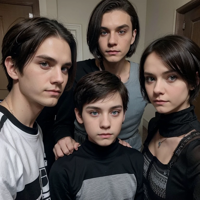He is an emo boy, white complexion, slim, grayish blue eyes, dark brown hair, short emo hairstyle and he is 1.91 cm tall, very handsome, Polish and looks like the character called Dominik santorski From the movie suicide room Do it by taking a selfie whit his mom, dad both olders and his two sisters and one brother