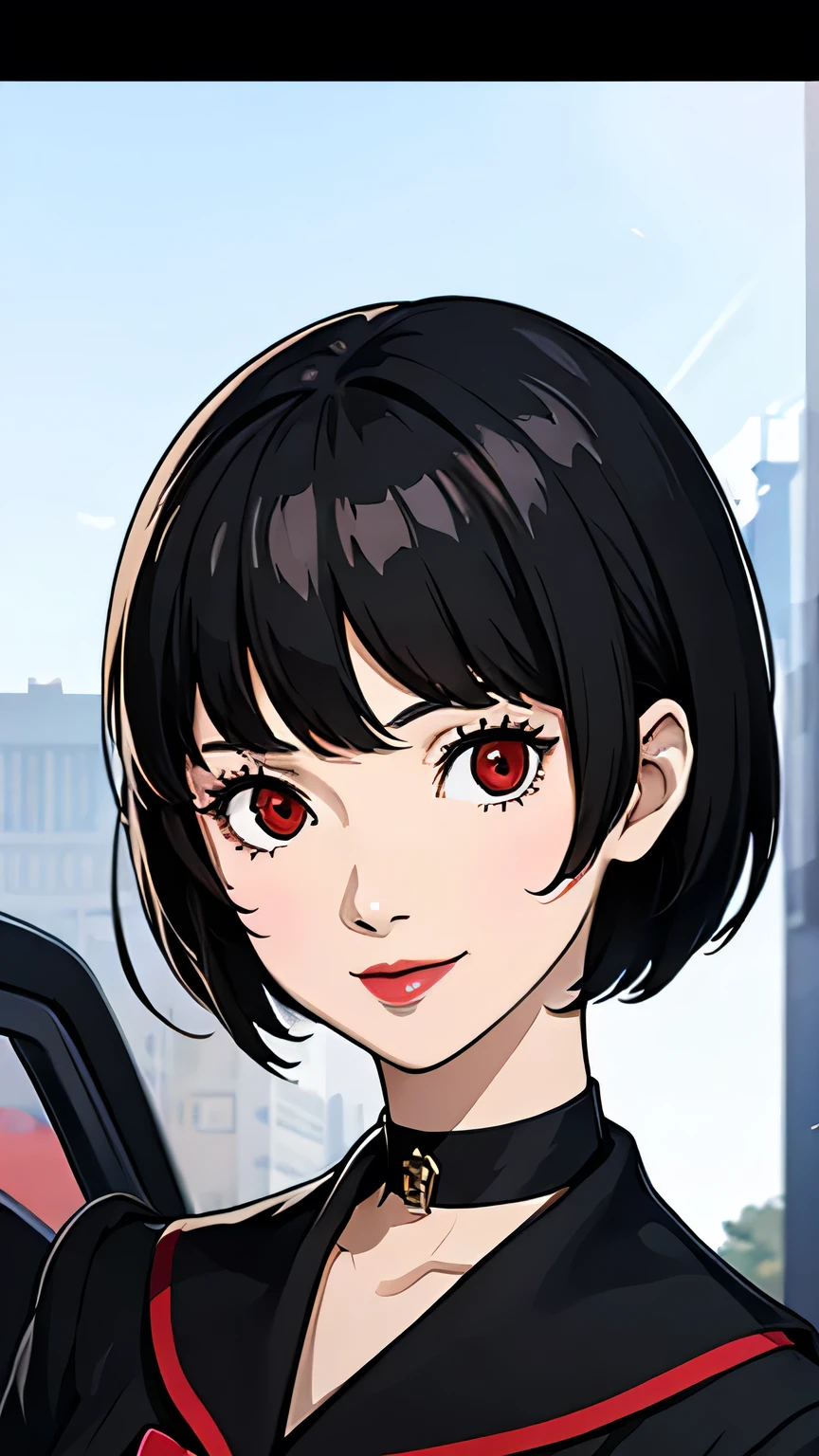 1 girl, Red eyes, very Short hair, black choker, lipstick, portrait, smile, black hair, shool uniform