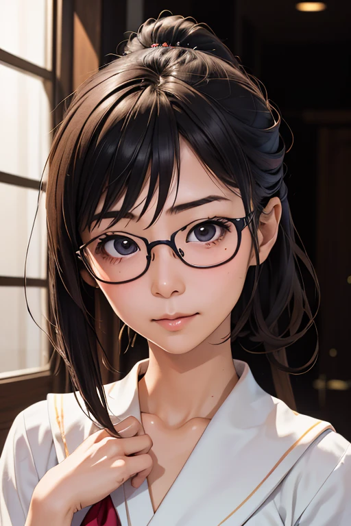 Erotic、Bedroom、Completely naked、slender、Smooth, very beautiful, white skin A girl about 、Glasses、Black Hair、Sweat、Expressionless、Close-up of face child Small Big eyes Small breasts Look this way