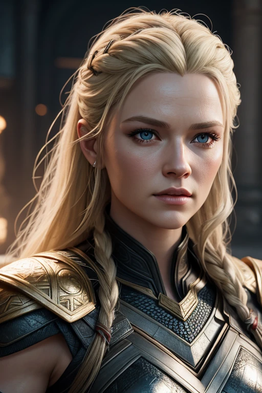 3d rendering lady sif wife Thor ,god of war 4 , blonde hair with yellow eyes and perfect face, Details, 8K, High quality, Intricate, Full HD, Cinematic lighting, Photorealism